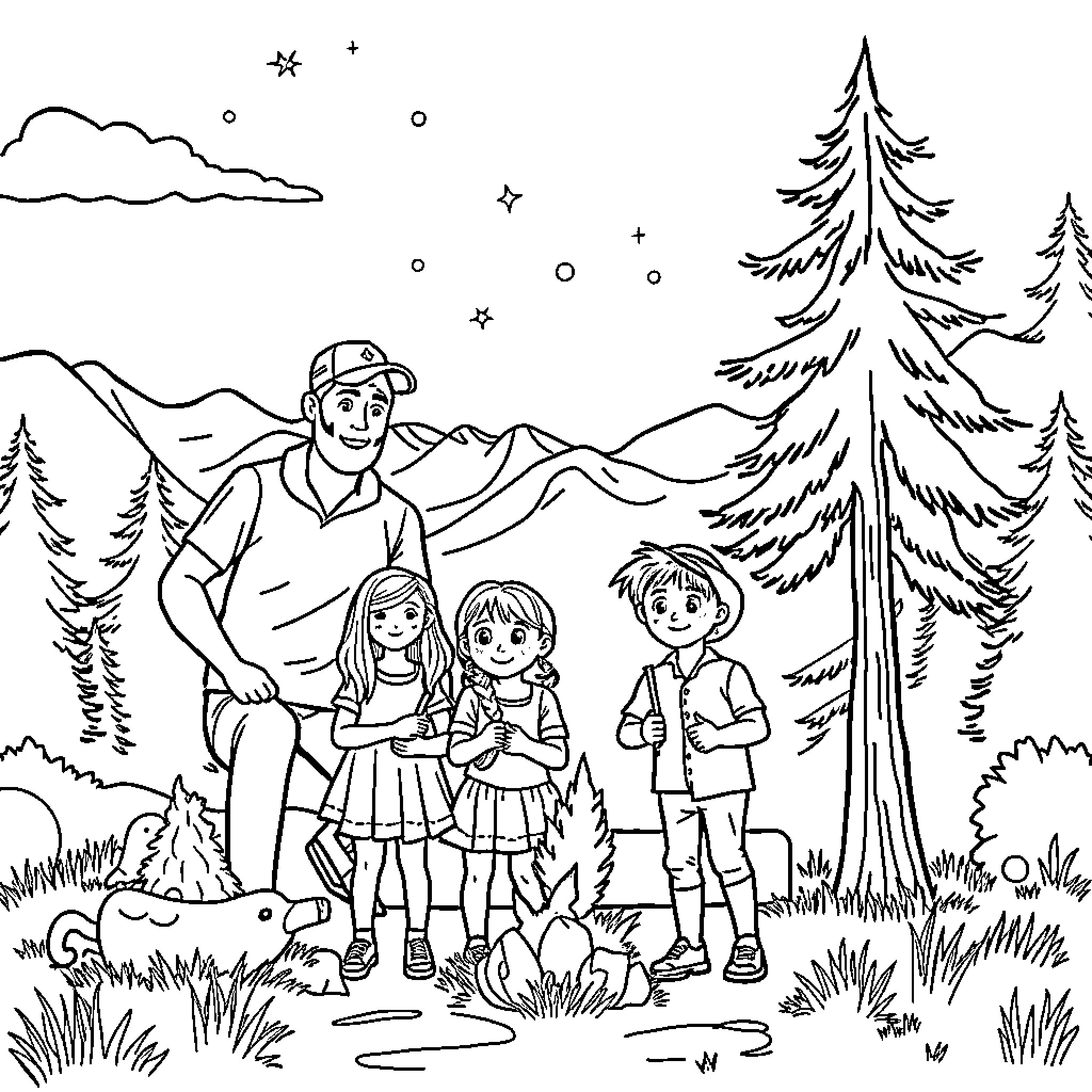Family enjoying outdoor adventure in forest Coloring Page (free black-and-white line drawing printable PDF for all, from beginners to advanced learners, including children, teens, adults, and seniors)