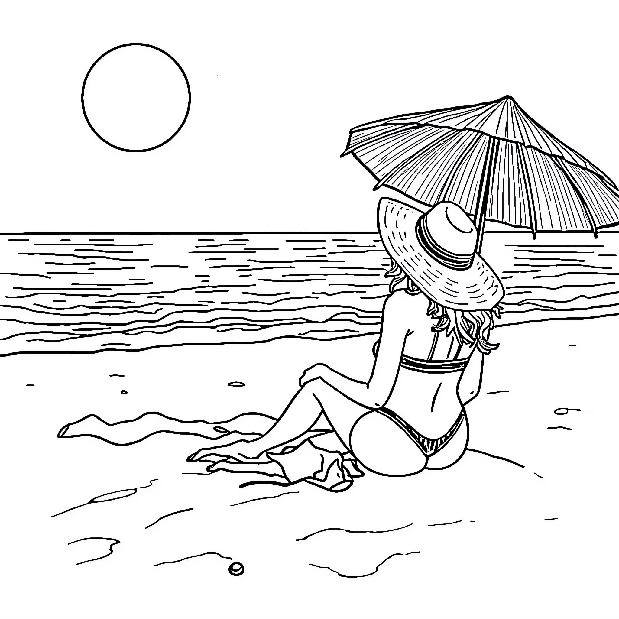 Woman relaxing on the beach with an umbrella Coloring Page (free black-and-white line drawing printable PDF for all, from beginners to advanced learners, including children, teens, adults, and seniors)