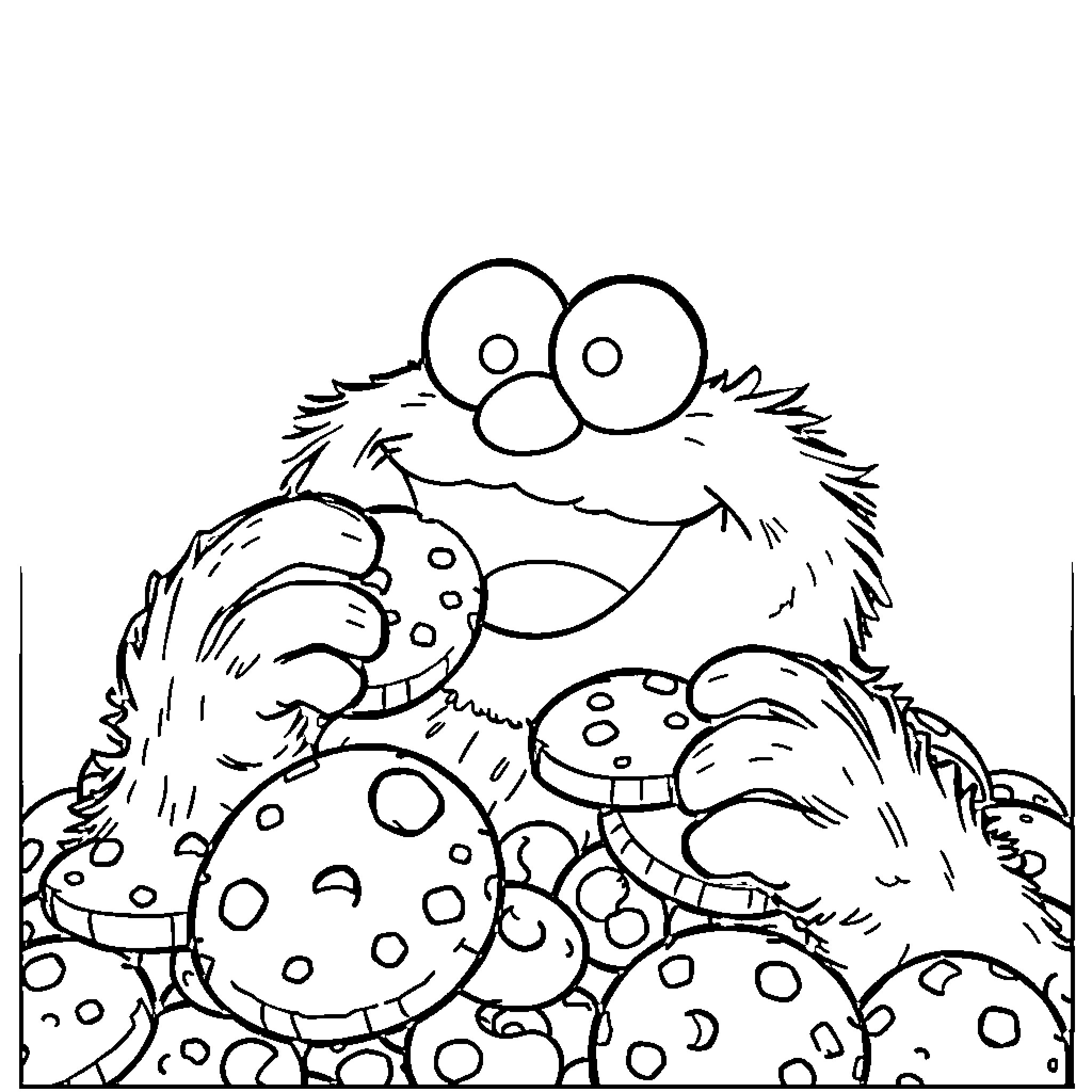 Cookie Monster surrounded by cookies Coloring Page (free black-and-white line drawing printable PDF for all, from beginners to advanced learners, including children, teens, adults, and seniors)