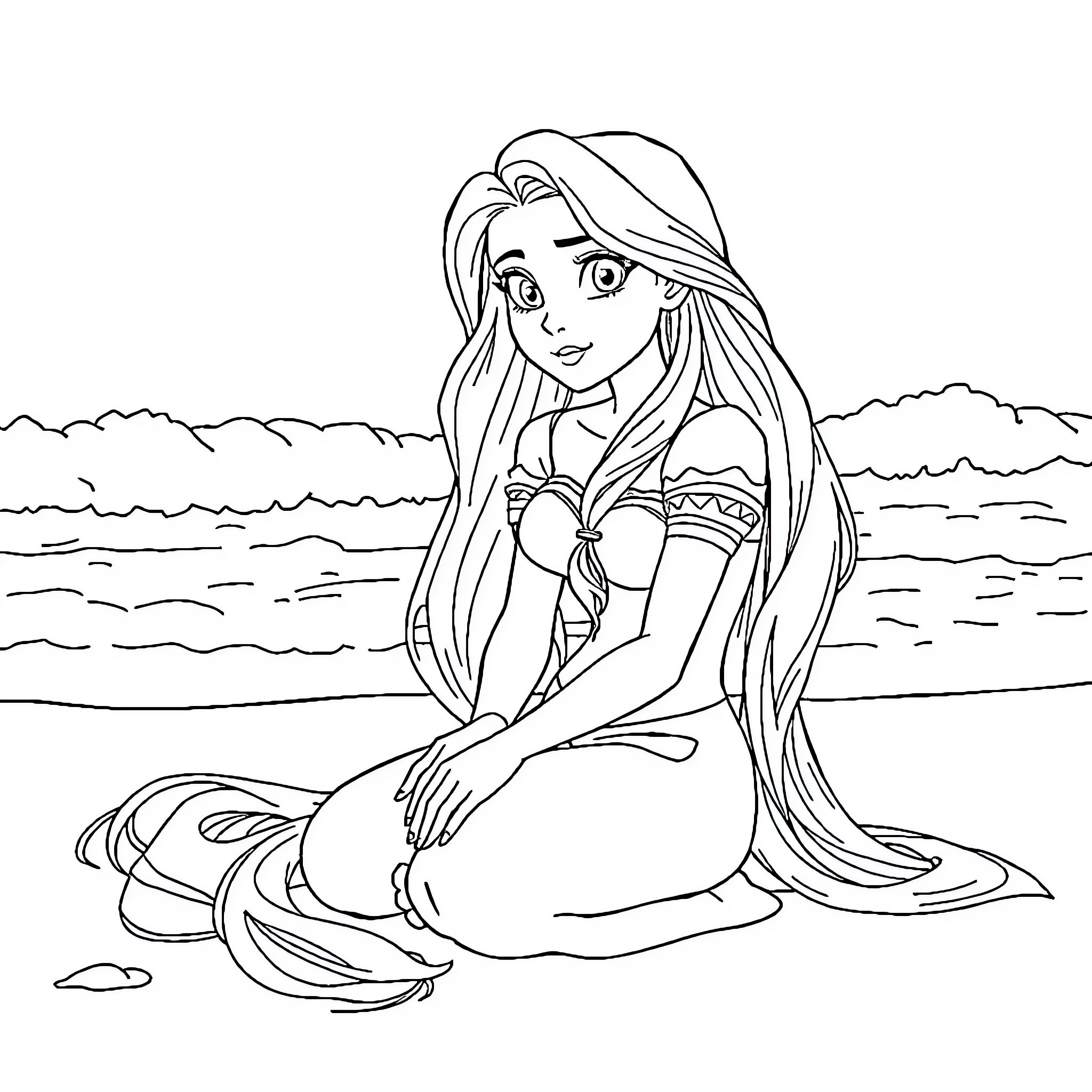 Rapunzel exploring the beach with her long hair Coloring Page (free black-and-white line drawing printable PDF for all, from beginners to advanced learners, including children, teens, adults, and seniors)