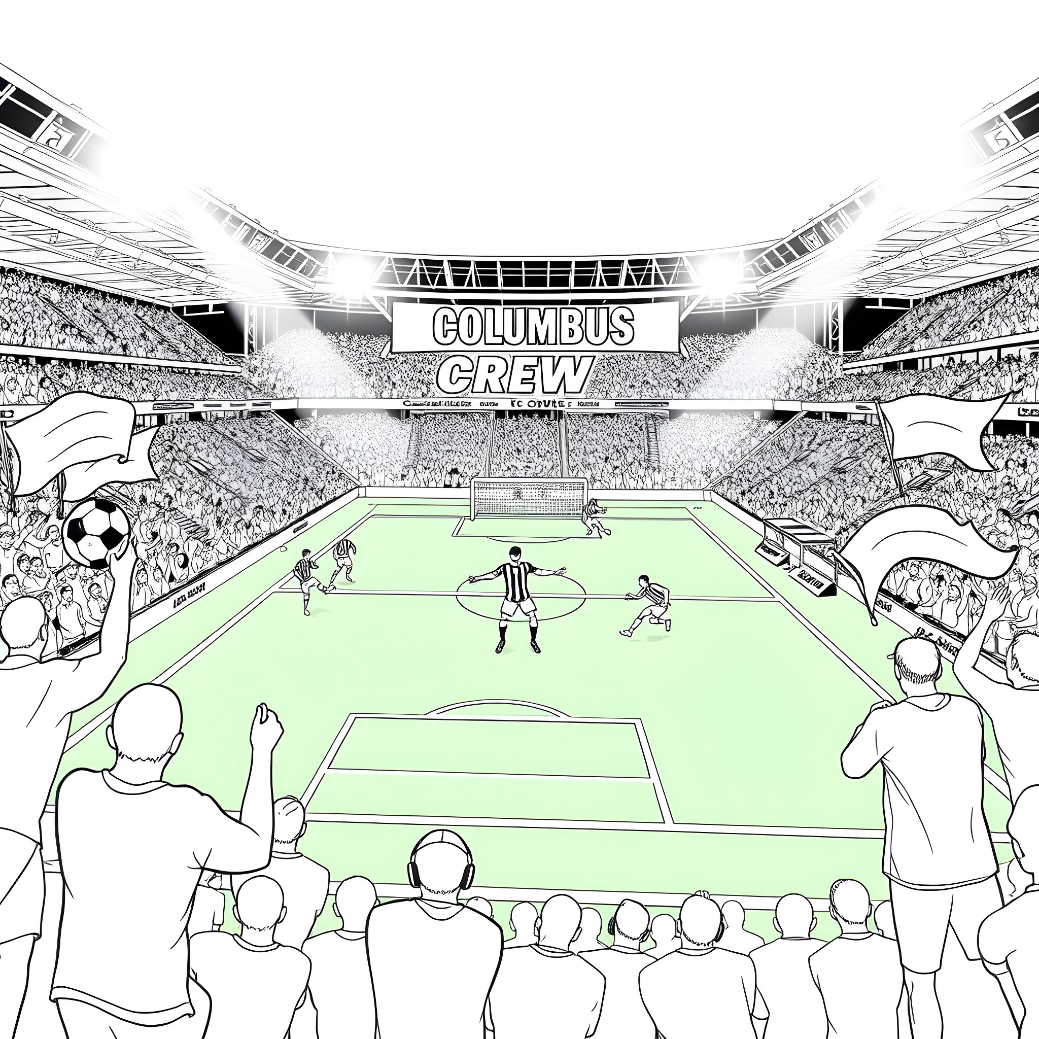 Columbus Crew soccer match in a bustling stadium Coloring Page (free black-and-white line drawing printable PDF for all, from beginners to advanced learners, including children, teens, adults, and seniors)
