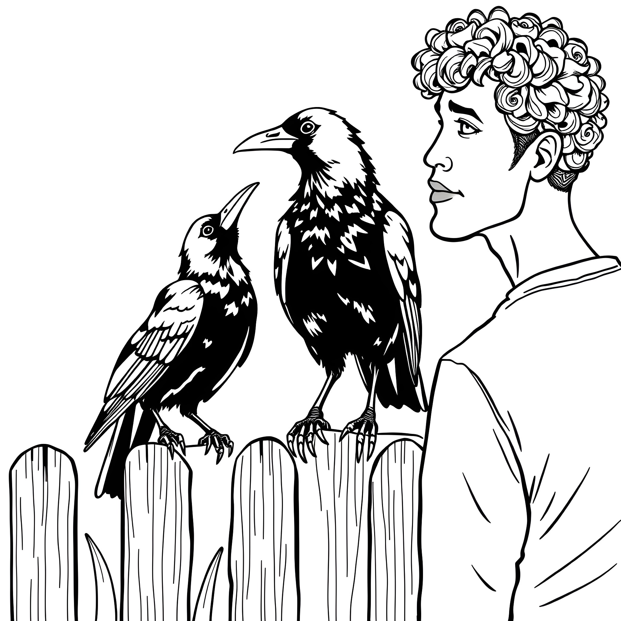 Crow companions in a garden Coloring Page (free black-and-white line drawing printable PDF for all, from beginners to advanced learners, including children, teens, adults, and seniors)