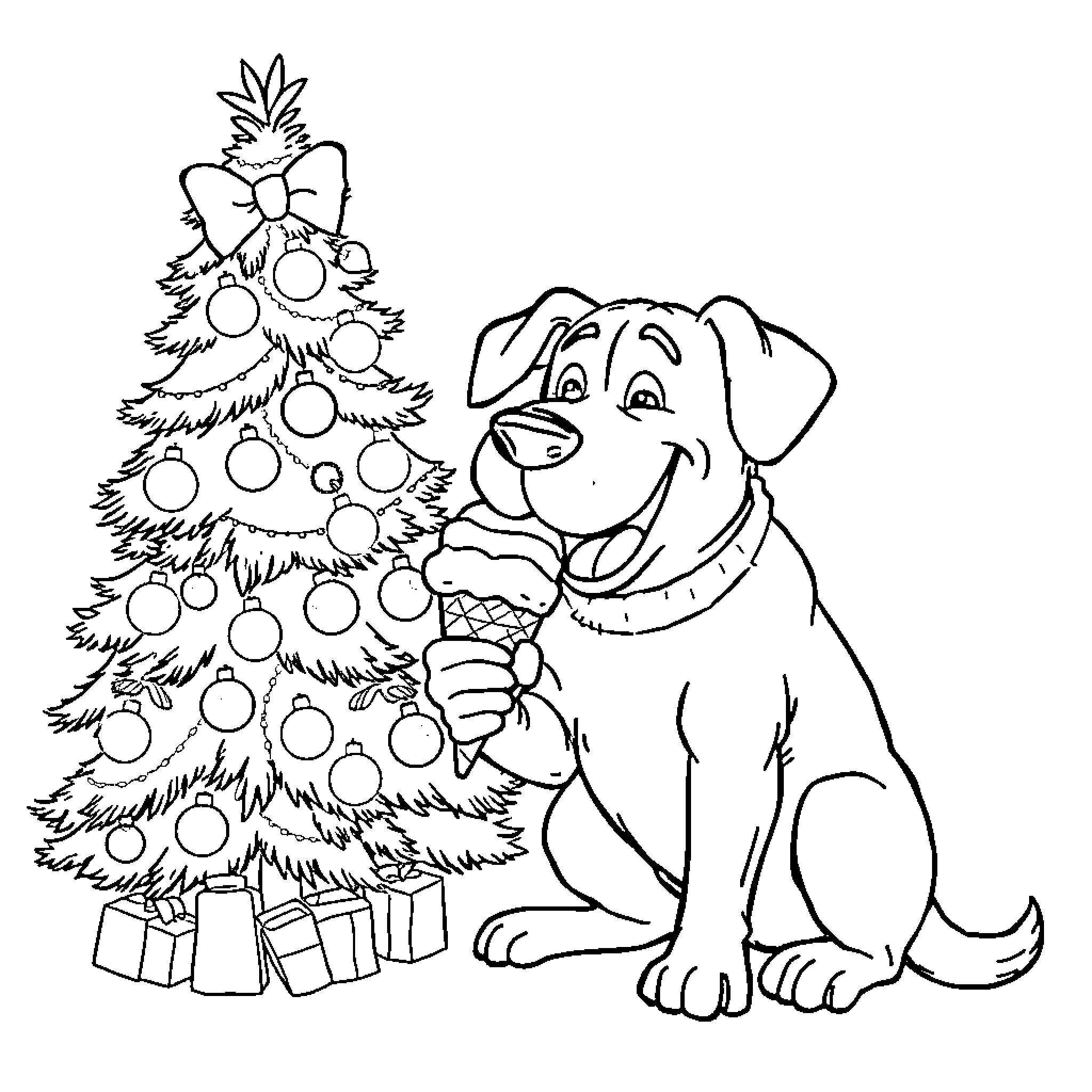 Dog Man decorating Christmas tree with joy Coloring Page (free black-and-white line drawing printable PDF for all, from beginners to advanced learners, including children, teens, adults, and seniors)