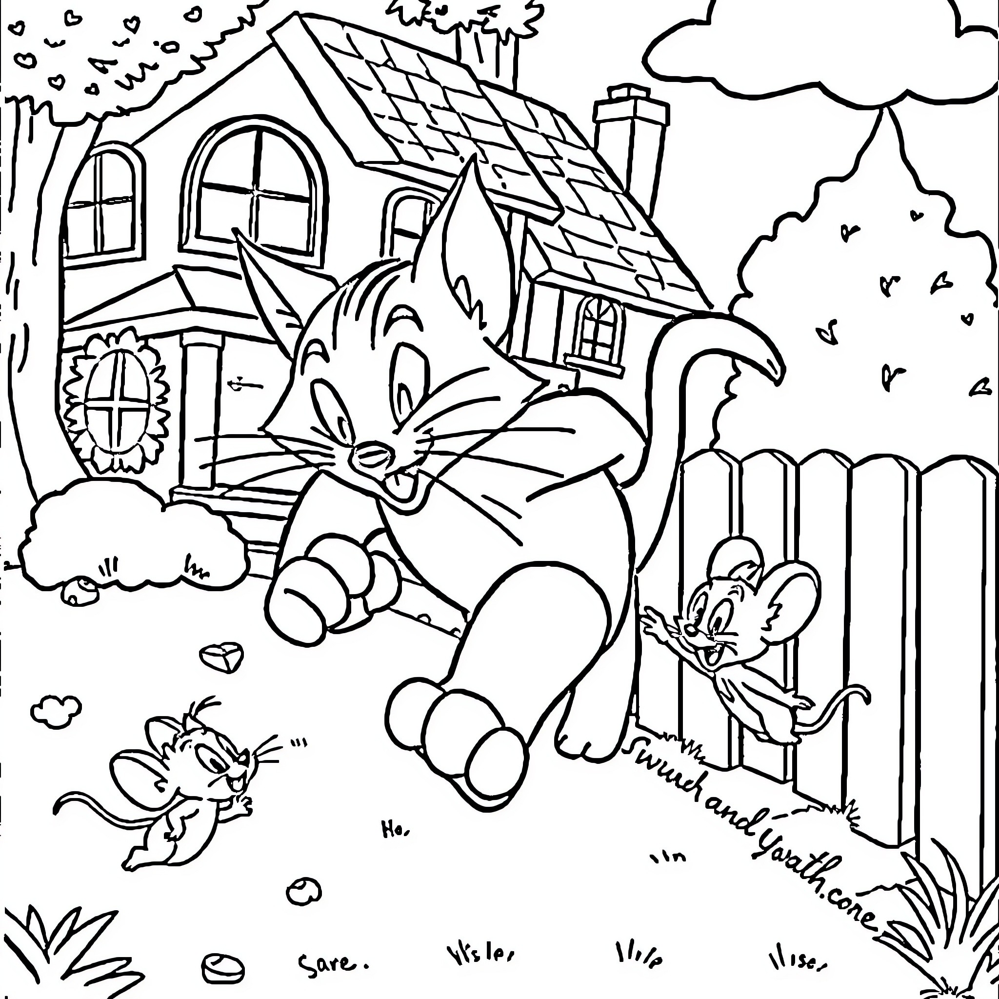 Tom and Jerry's Mischievous Antics in the Neighborhood Coloring Page (free black-and-white line drawing printable PDF for all, from beginners to advanced learners, including children, teens, adults, and seniors)