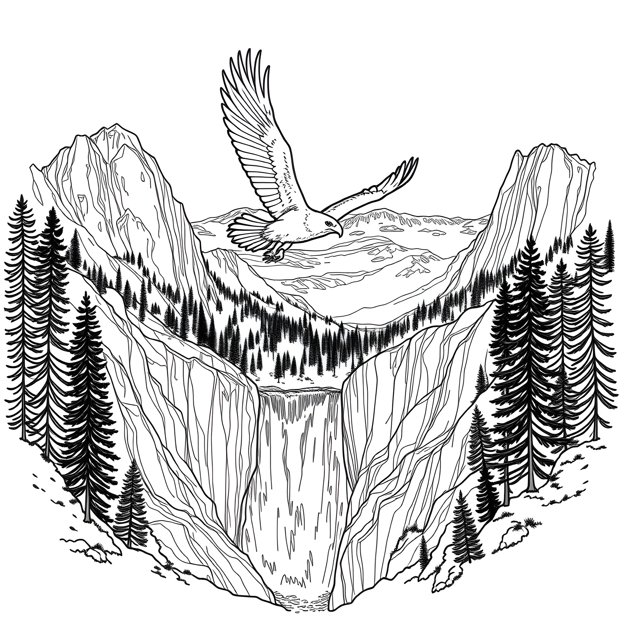 Eagle soaring over majestic mountain landscape Coloring Page (free black-and-white line drawing printable PDF for all, from beginners to advanced learners, including children, teens, adults, and seniors)