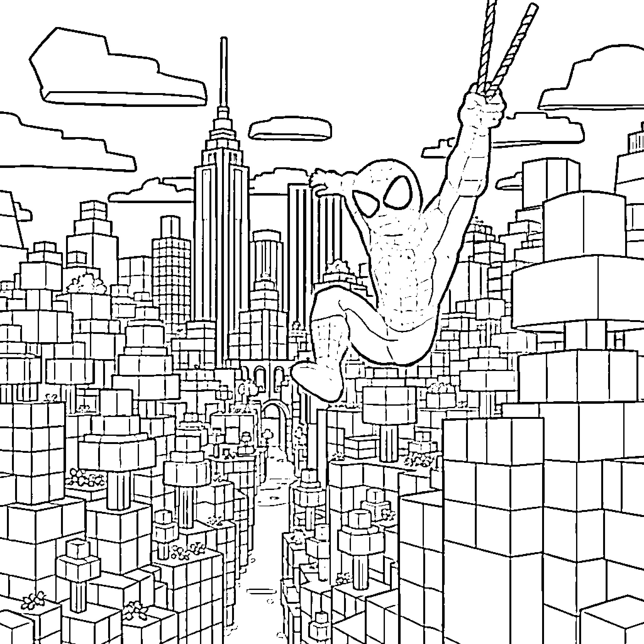 Spiderman swinging through the city skyline Coloring Page (free black-and-white line drawing printable PDF for all, from beginners to advanced learners, including children, teens, adults, and seniors)