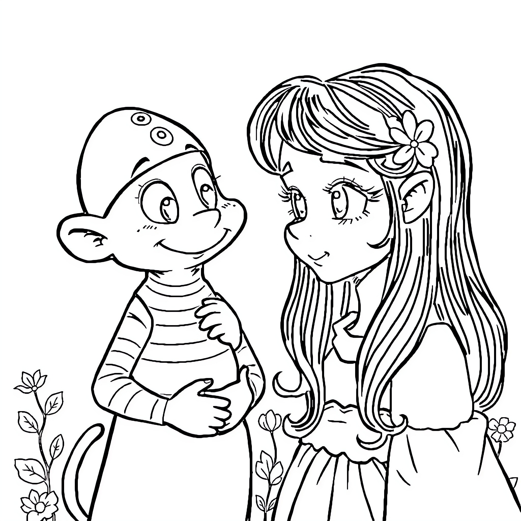 Schtroumpf characters in a playful scene Coloring Page (free black-and-white line drawing printable PDF for all, from beginners to advanced learners, including children, teens, adults, and seniors)