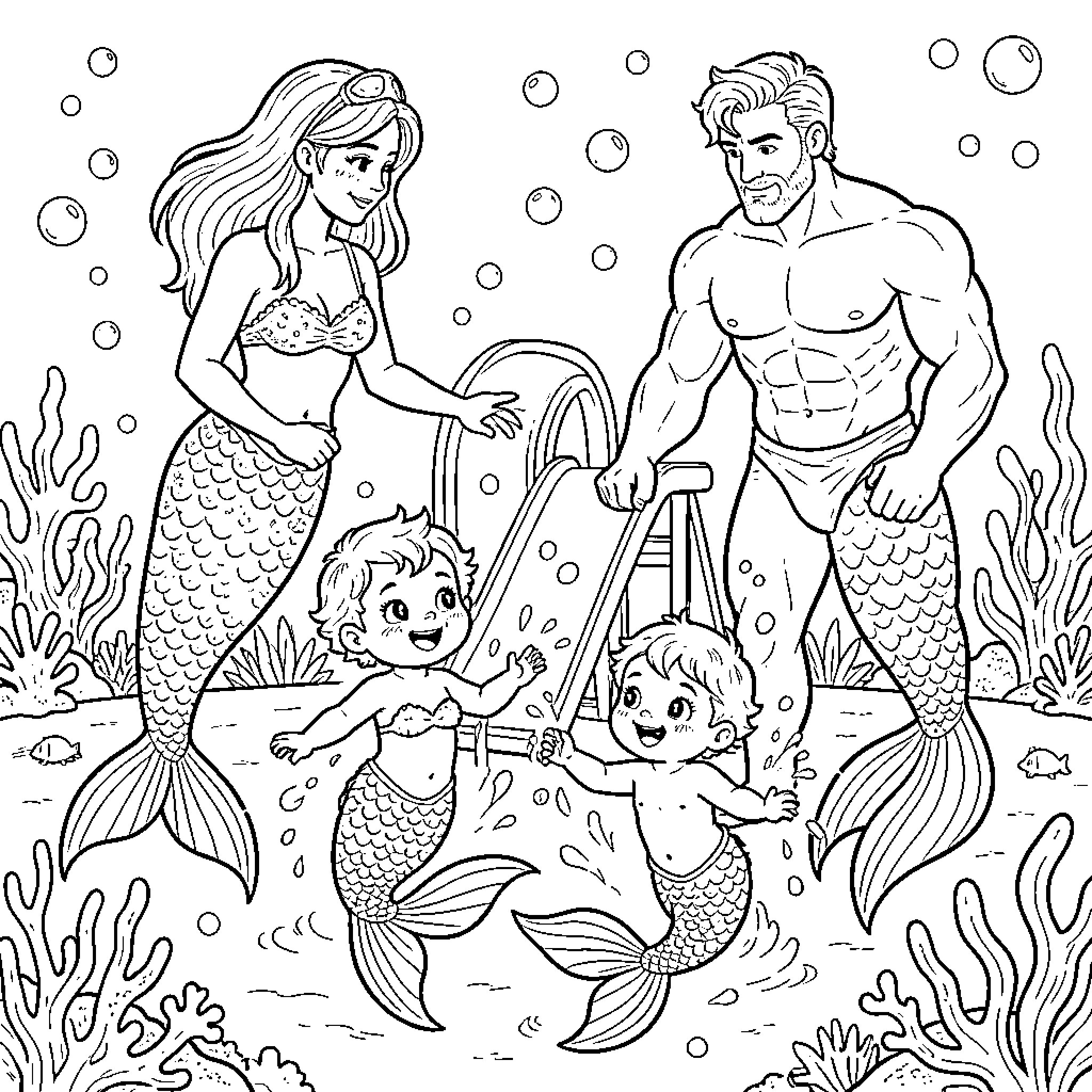 Mermaid family playing joyfully in the underwater world Coloring Page (free black-and-white line drawing printable PDF for all, from beginners to advanced learners, including children, teens, adults, and seniors)
