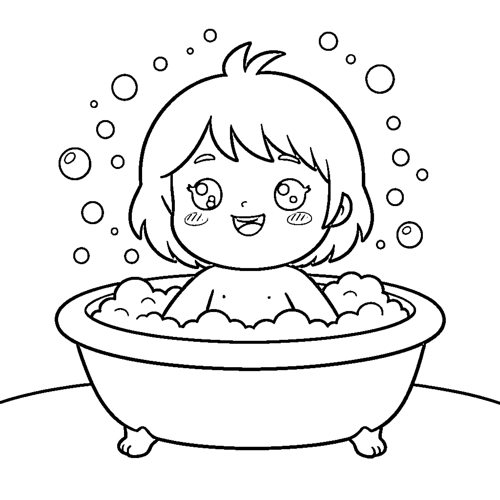 Kawaii girl enjoying a bubbly bubble bath Coloring Page (free black-and-white line drawing printable PDF for all, from beginners to advanced learners, including children, teens, adults, and seniors)