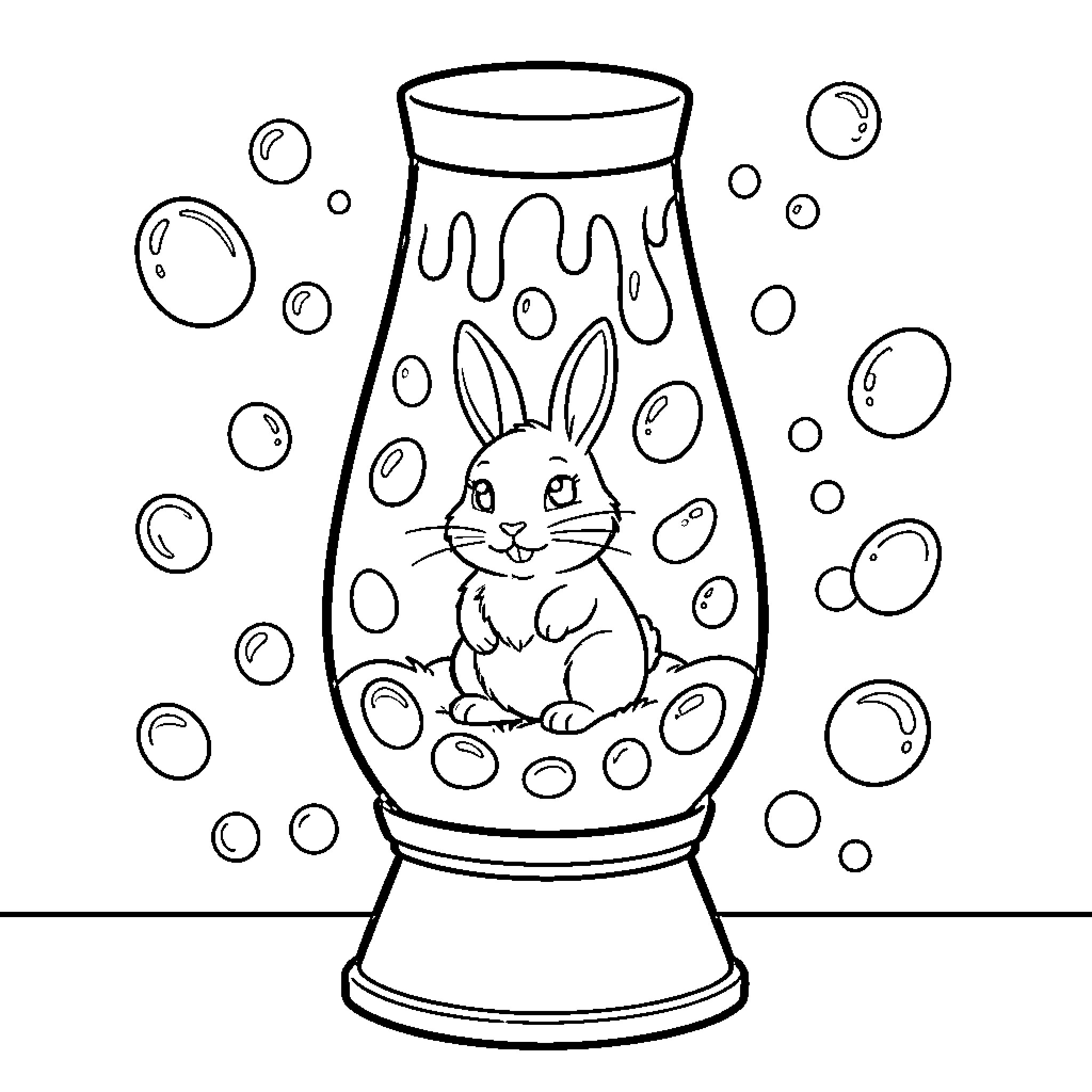 Bunny in a Bubbling Jar Coloring Page (free black-and-white line drawing printable PDF for all, from beginners to advanced learners, including children, teens, adults, and seniors)
