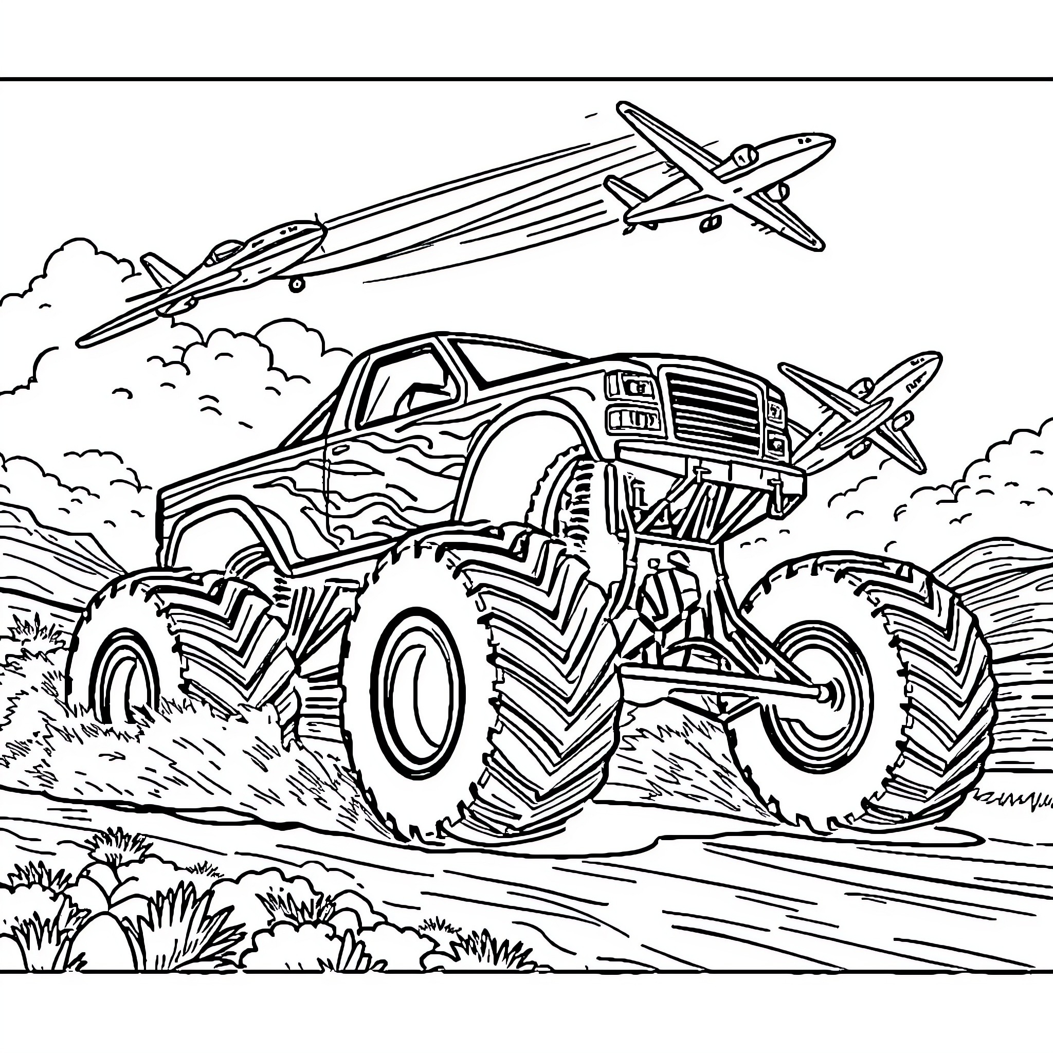 Monster Truck Racing Through Rough Terrain Coloring Page (free black-and-white line drawing printable PDF for all, from beginners to advanced learners, including children, teens, adults, and seniors)