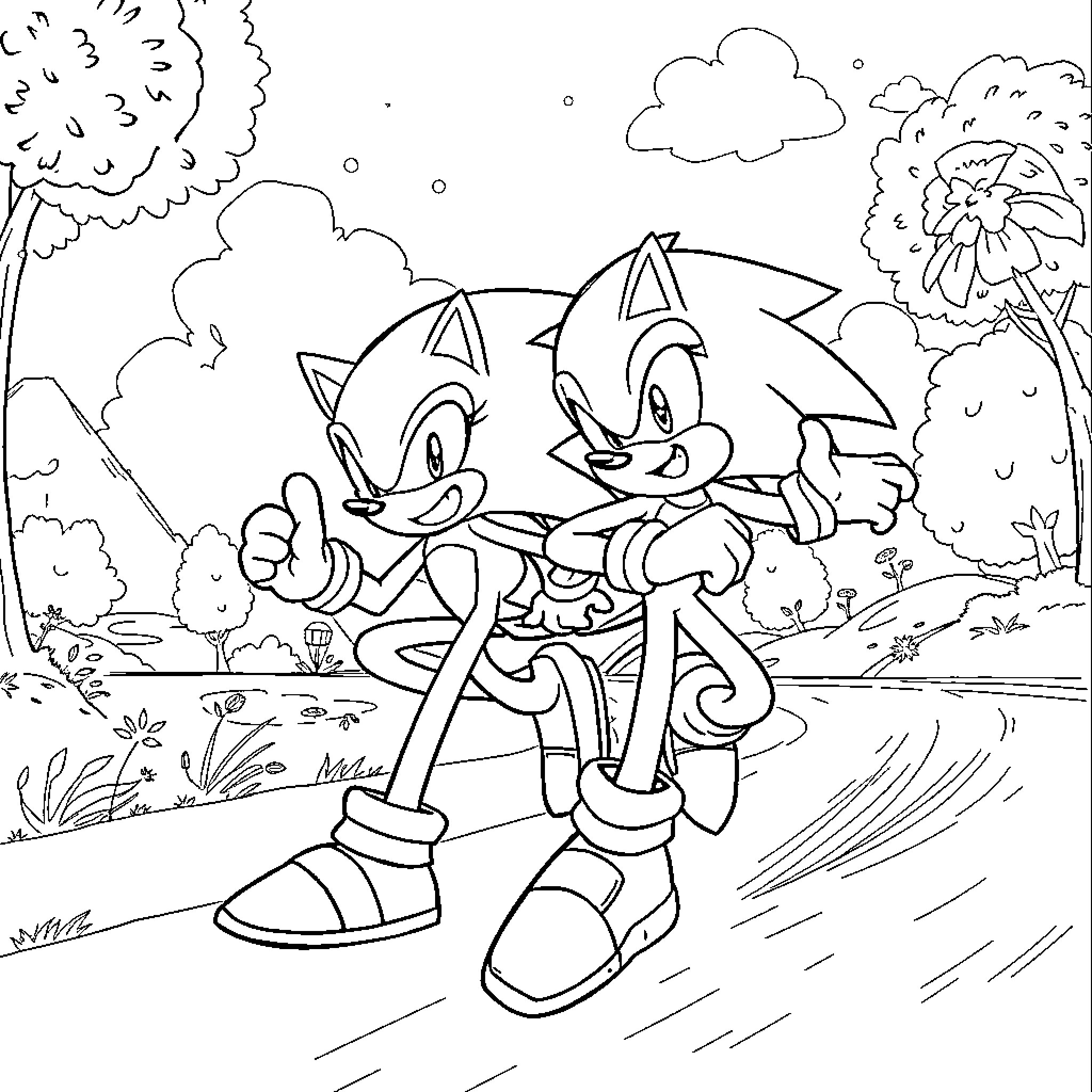 Sonic and Tails Running Happily in the Park Coloring Page (free black-and-white line drawing printable PDF for all, from beginners to advanced learners, including children, teens, adults, and seniors)