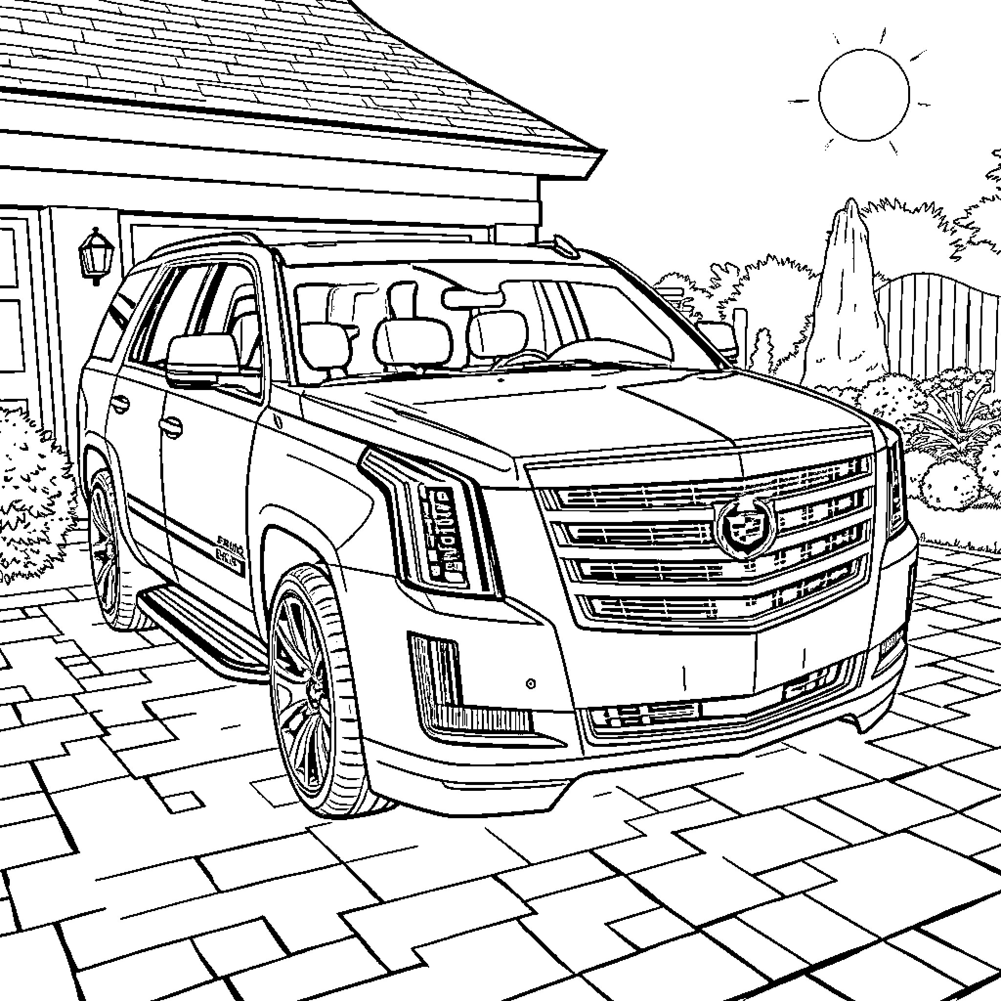 Cadillac SUV parked in front of house Coloring Page (free black-and-white line drawing printable PDF for all, from beginners to advanced learners, including children, teens, adults, and seniors)