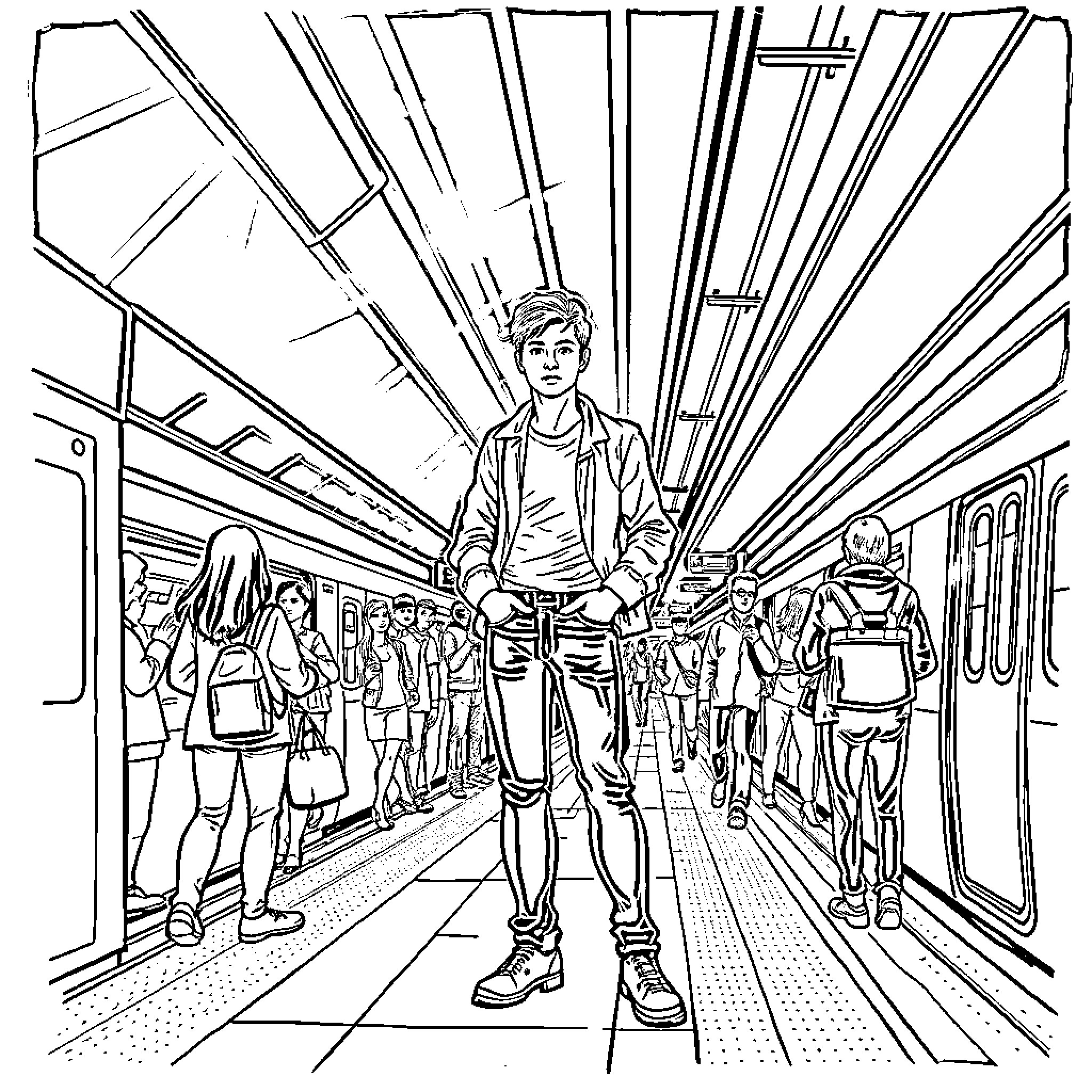 Chappell Roan's Journey Through the Bustling Subway Coloring Page (free black-and-white line drawing printable PDF for all, from beginners to advanced learners, including children, teens, adults, and seniors)