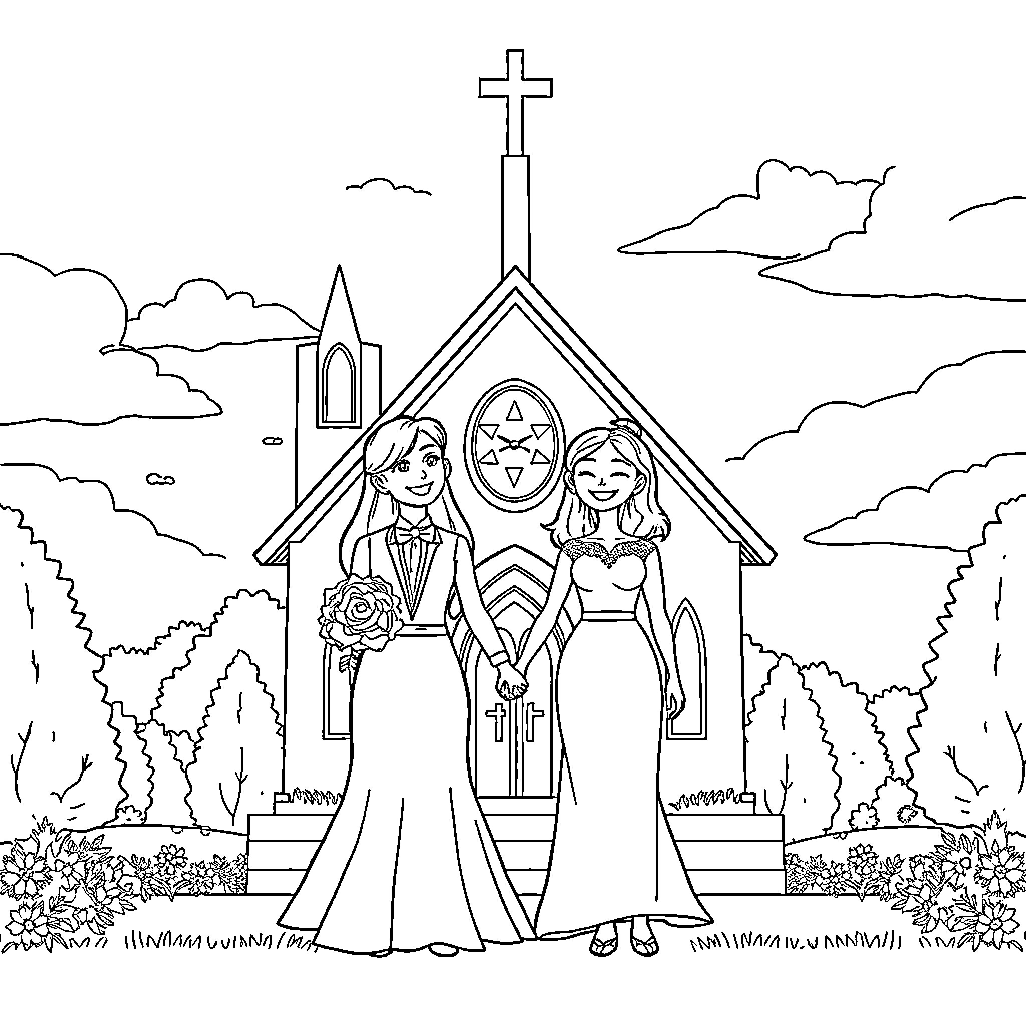 Wedding Couple at Church with Religious Symbols Coloring Page (free black-and-white line drawing printable PDF for all, from beginners to advanced learners, including children, teens, adults, and seniors)
