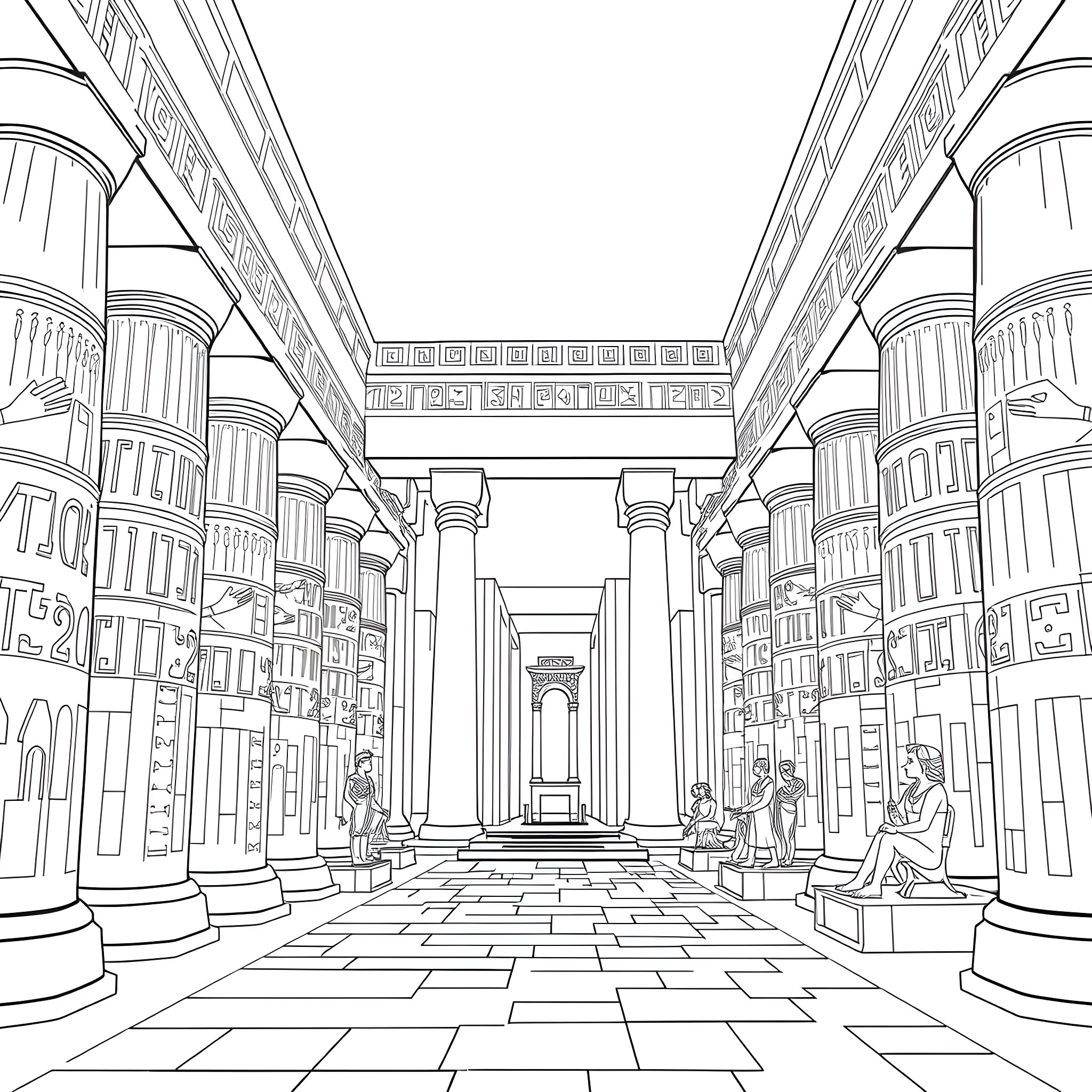 Temple of Ancient Scholars in Study Coloring Page (free black-and-white line drawing printable PDF for all, from beginners to advanced learners, including children, teens, adults, and seniors)