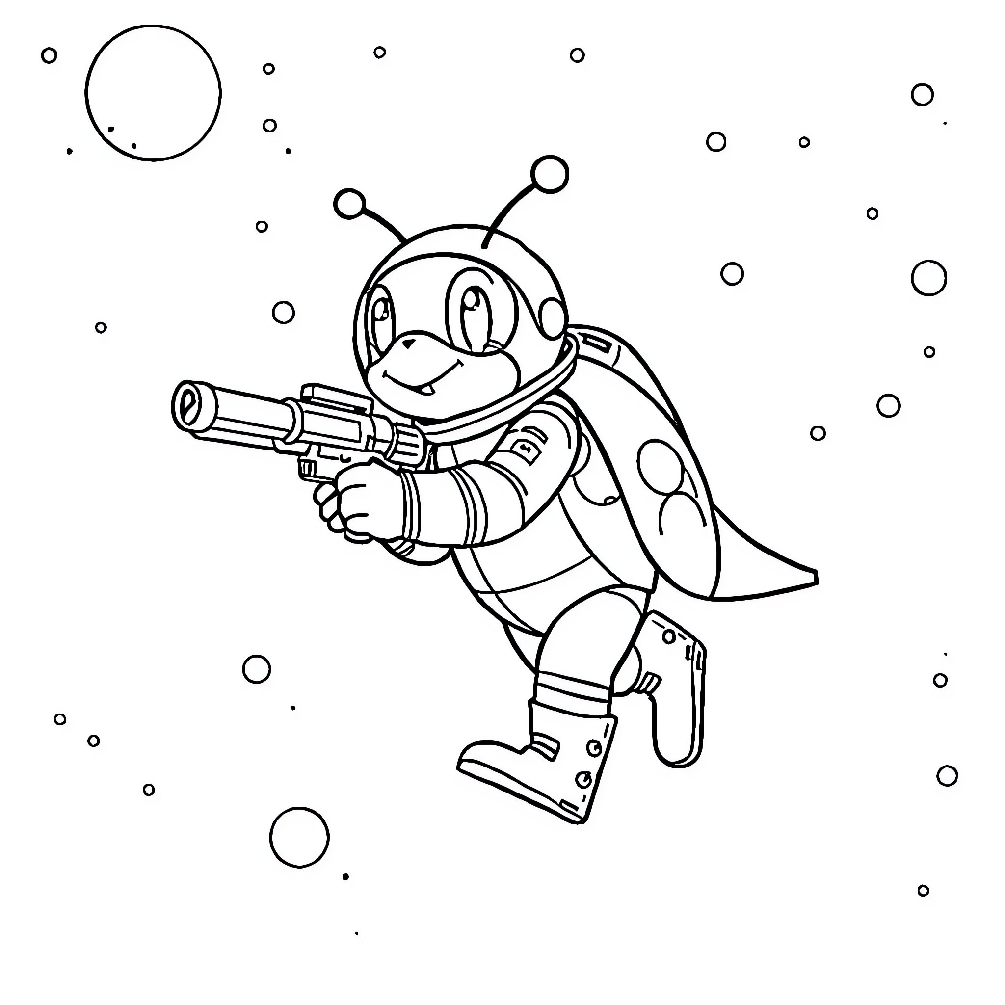 Pat Patrouille: Friendly robot in space Coloring Page (free black-and-white line drawing printable PDF for all, from beginners to advanced learners, including children, teens, adults, and seniors)