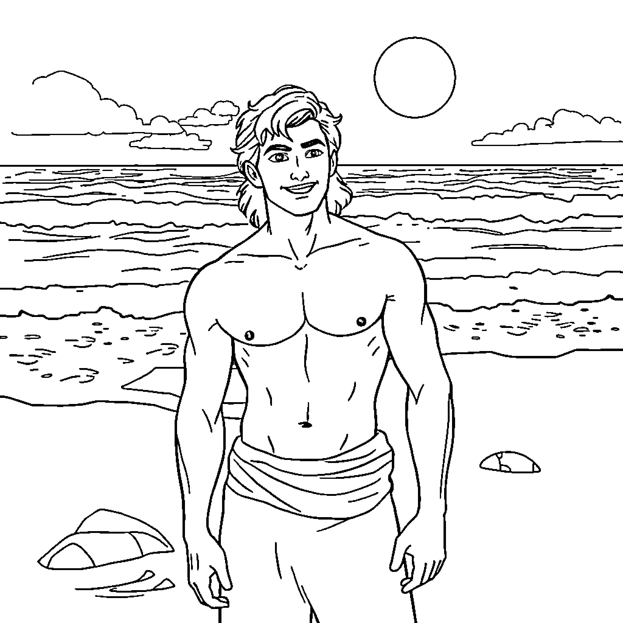 Prince Enjoying Sunset at the Beach Coloring Page (free black-and-white line drawing printable PDF for all, from beginners to advanced learners, including children, teens, adults, and seniors)