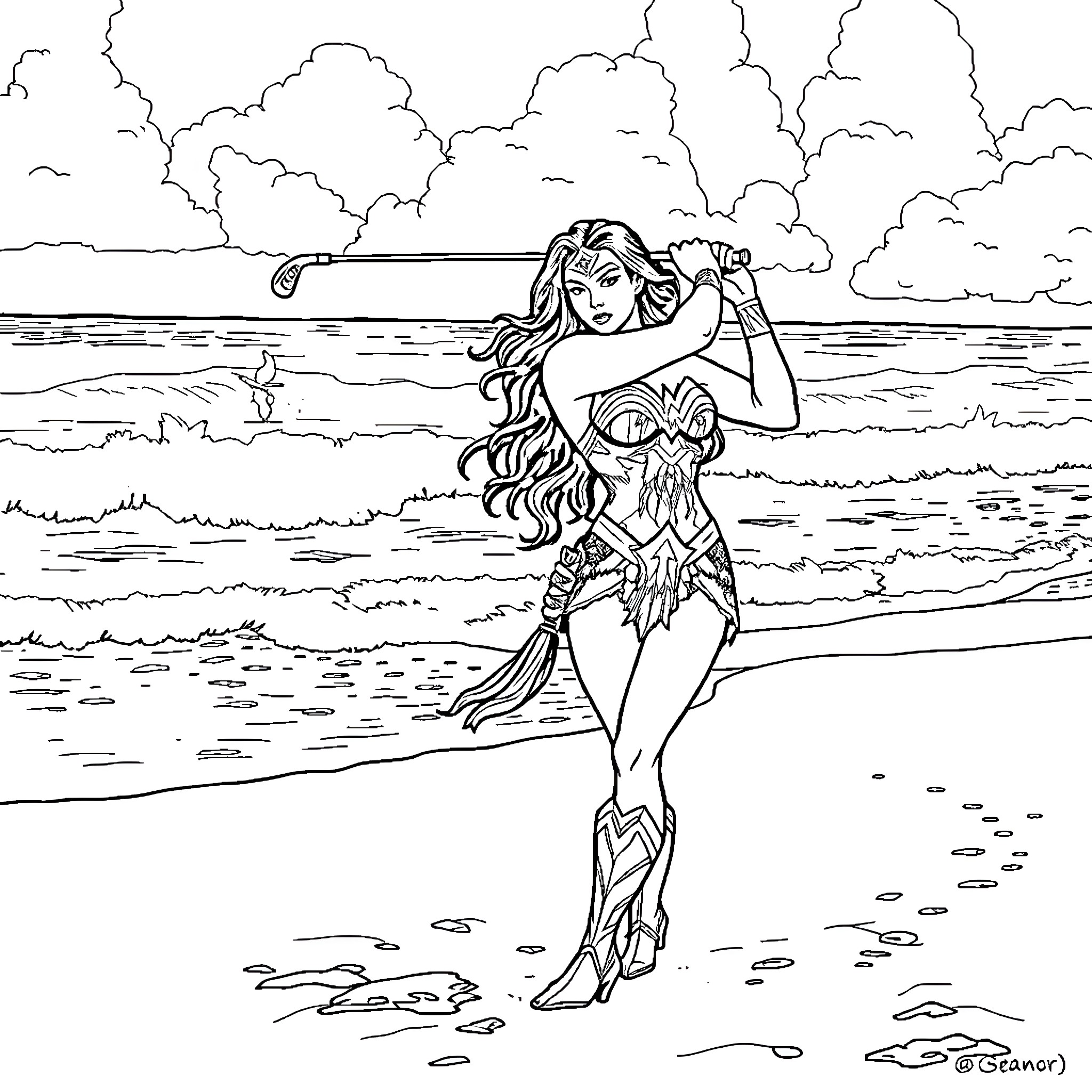 Wonder Woman in a heroic pose on the beach Coloring Page (free black-and-white line drawing printable PDF for all, from beginners to advanced learners, including children, teens, adults, and seniors)