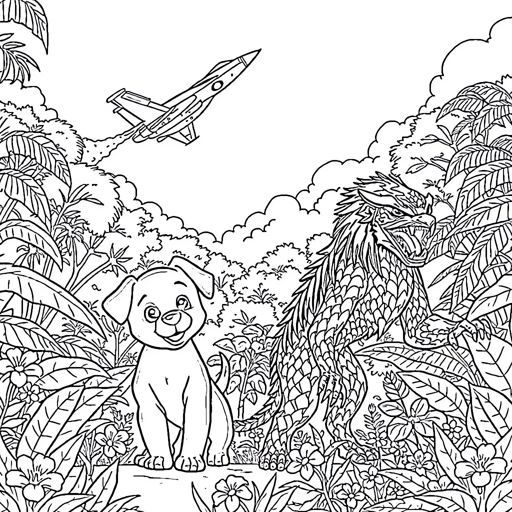 Bluey exploring the jungle with an airplane Coloring Page (free black-and-white line drawing printable PDF for all, from beginners to advanced learners, including children, teens, adults, and seniors)