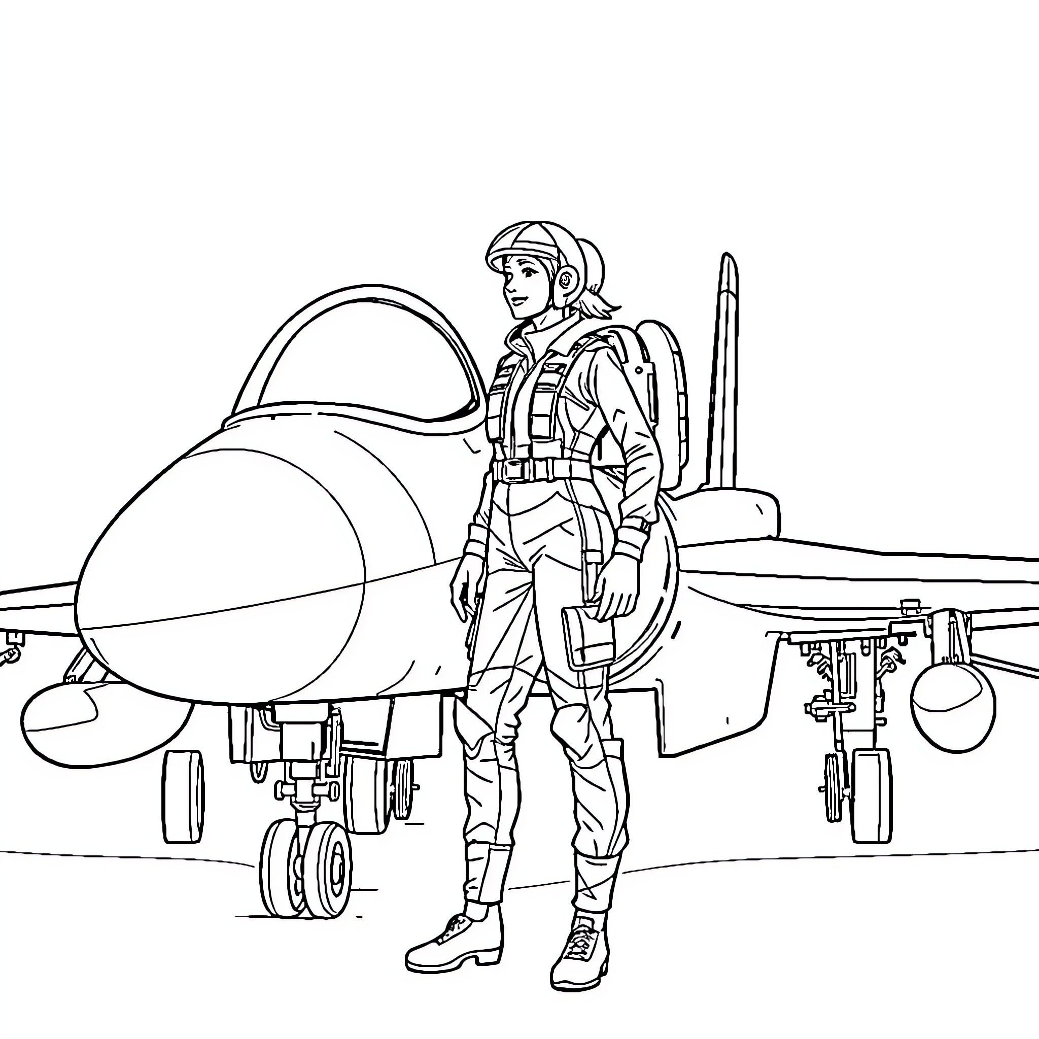 Pilot standing next to military aircraft Coloring Page (free black-and-white line drawing printable PDF for all, from beginners to advanced learners, including children, teens, adults, and seniors)