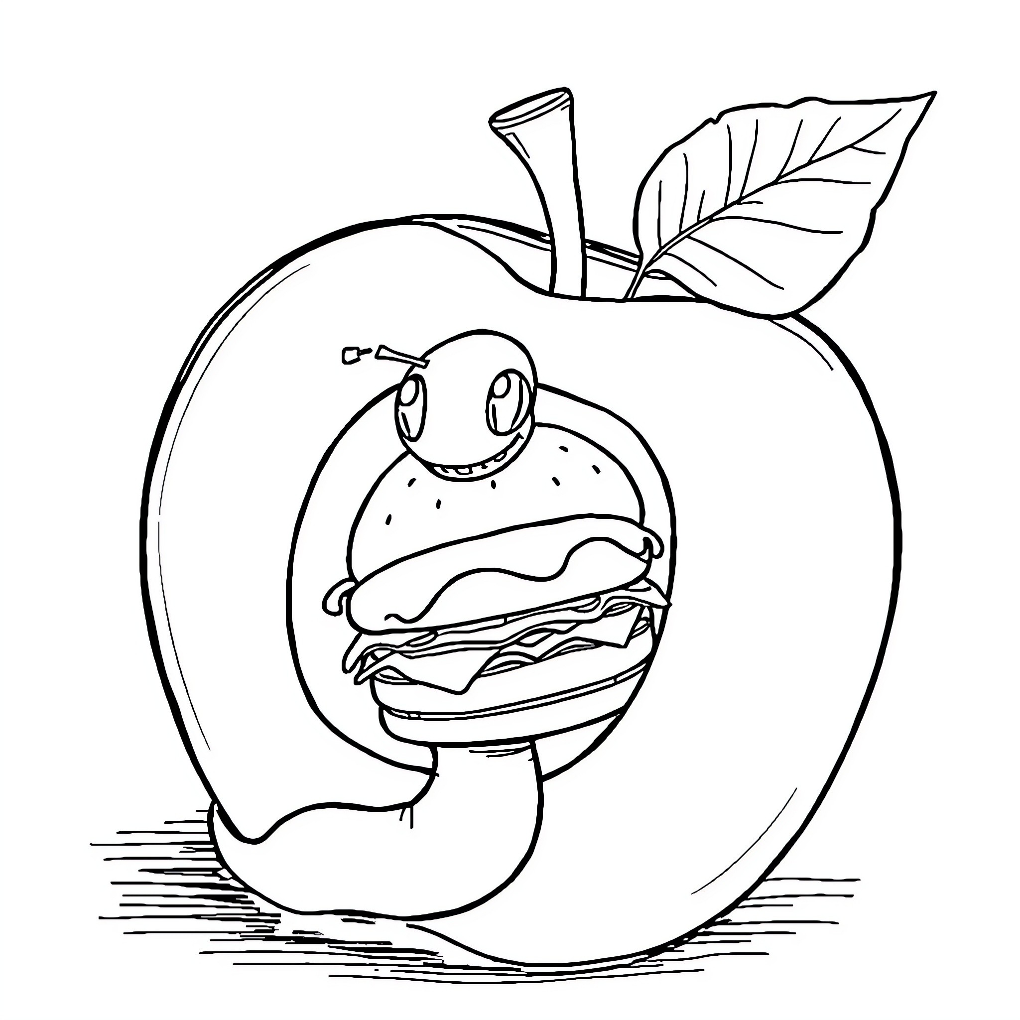 Worm enjoying a tasty apple snack Coloring Page (free black-and-white line drawing printable PDF for all, from beginners to advanced learners, including children, teens, adults, and seniors)