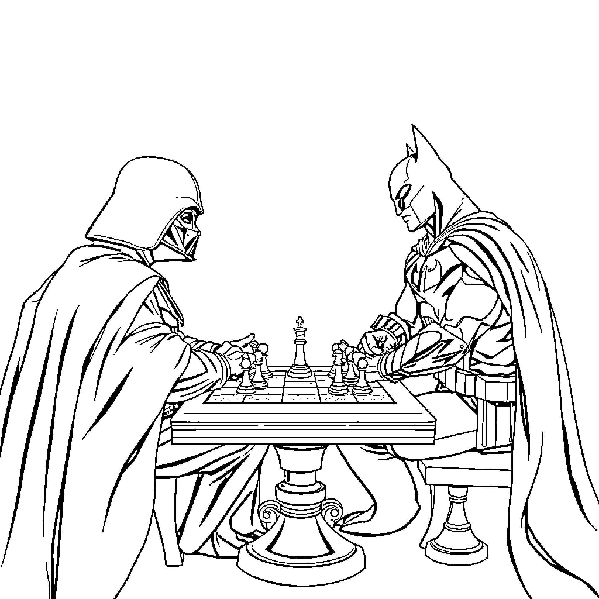 Darth Vader and Batman play a game of chess Coloring Page (free black-and-white line drawing printable PDF for all, from beginners to advanced learners, including children, teens, adults, and seniors)