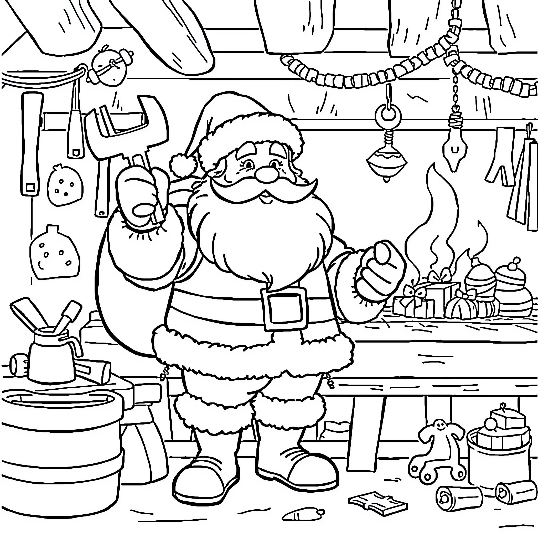 Santa's Workshop with Toys and Tools Coloring Page (free black-and-white line drawing printable PDF for all, from beginners to advanced learners, including children, teens, adults, and seniors)