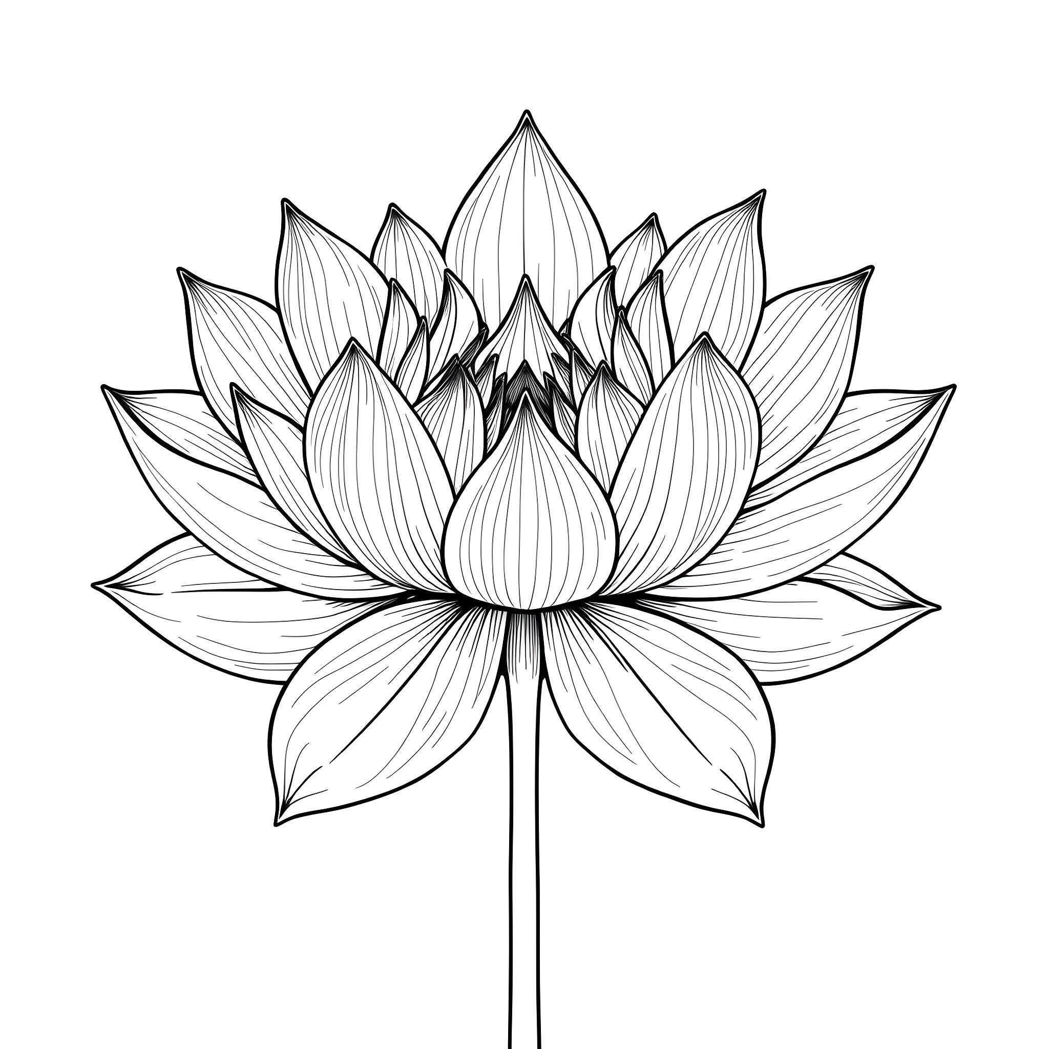 Lotus Flower in Elegant Monochrome Design Coloring Page (free black-and-white line drawing printable PDF for all, from beginners to advanced learners, including children, teens, adults, and seniors)