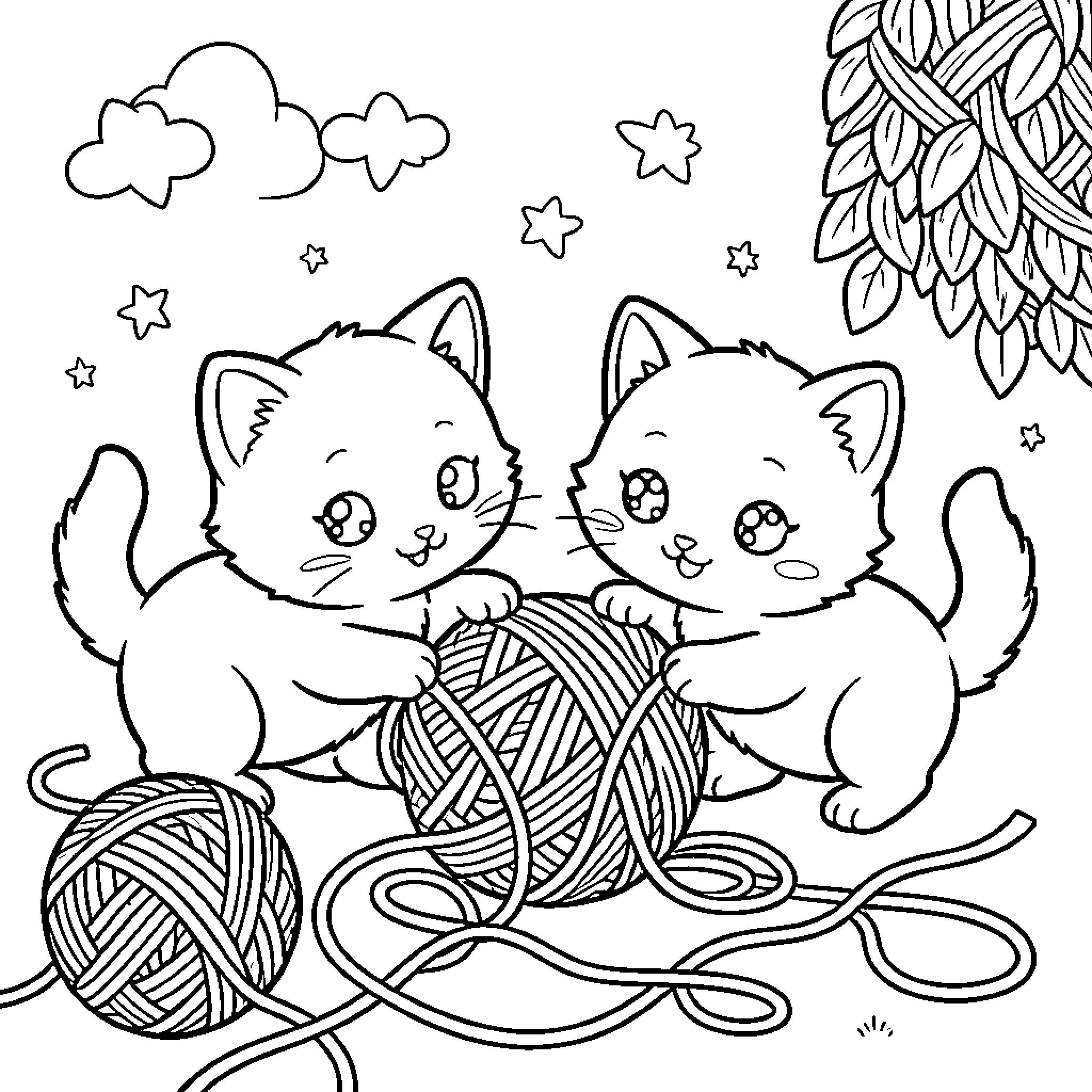 Kittens Playing with Yarn under Starry Sky Coloring Page (free black-and-white line drawing printable PDF for all, from beginners to advanced learners, including children, teens, adults, and seniors)