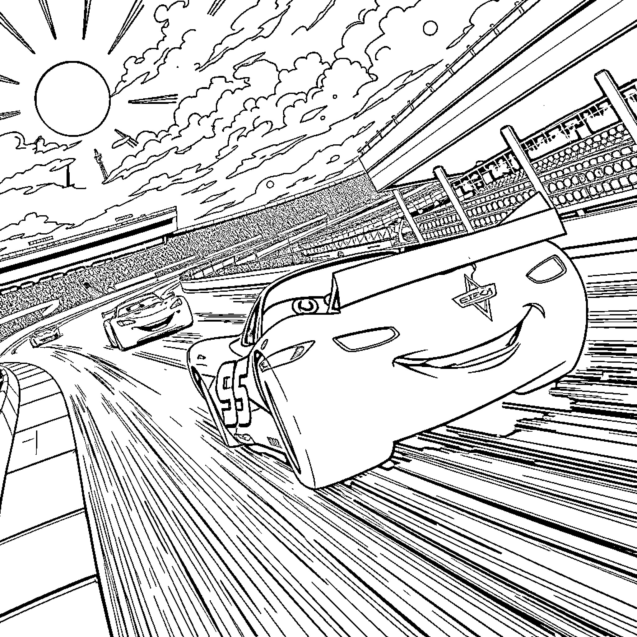 Lightning McQueen speeding through the race track Coloring Page (free black-and-white line drawing printable PDF for all, from beginners to advanced learners, including children, teens, adults, and seniors)