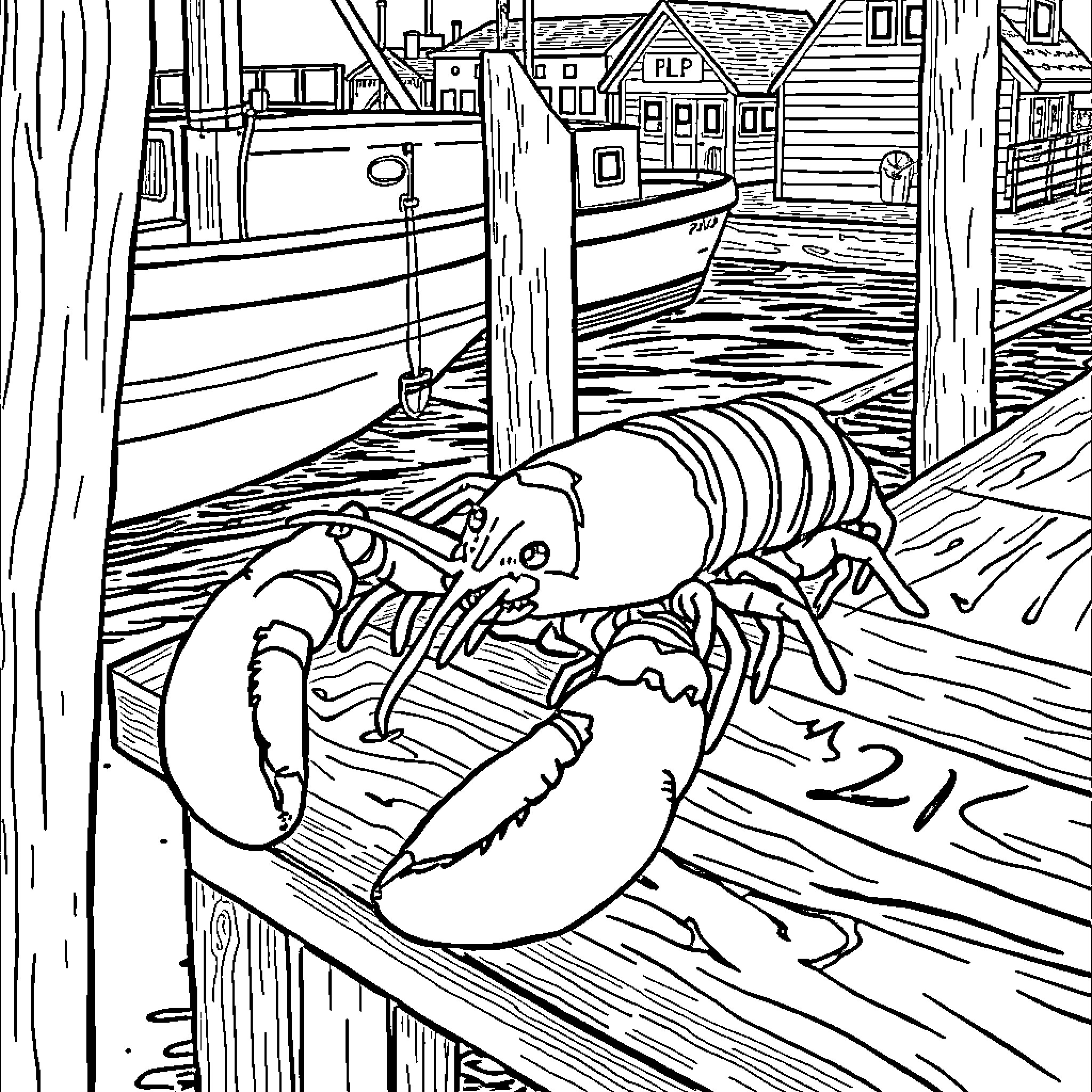 Lobster resting on dock in coastal town Coloring Page (free black-and-white line drawing printable PDF for all, from beginners to advanced learners, including children, teens, adults, and seniors)
