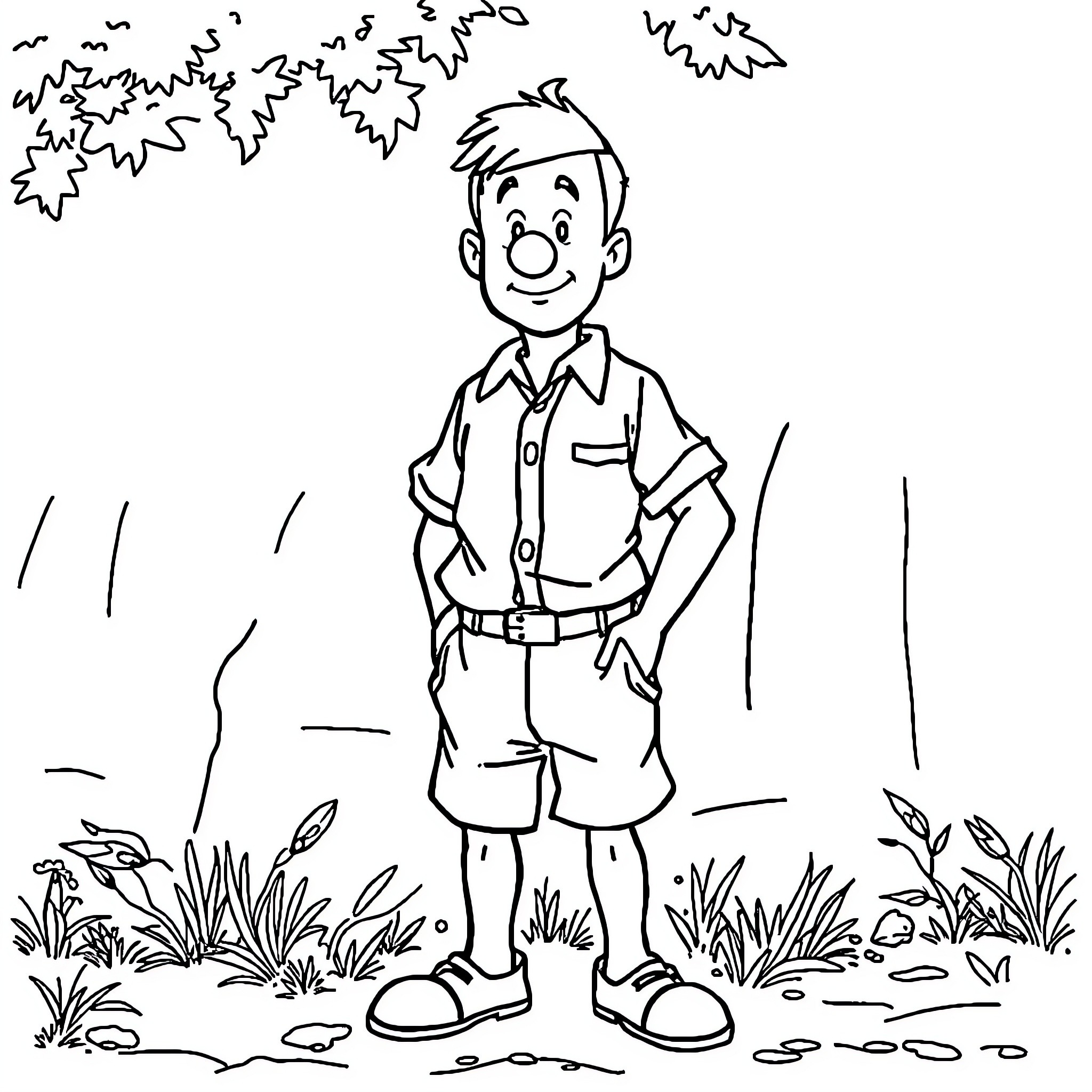 Tintin enjoying the outdoors in nature Coloring Page (free black-and-white line drawing printable PDF for all, from beginners to advanced learners, including children, teens, adults, and seniors)