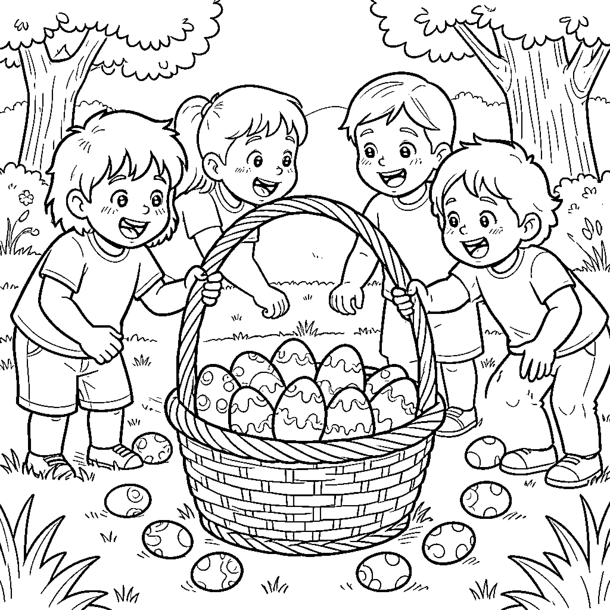 Panier filled with eggs being held by happy children Coloring Page (free black-and-white line drawing printable PDF for all, from beginners to advanced learners, including children, teens, adults, and seniors)