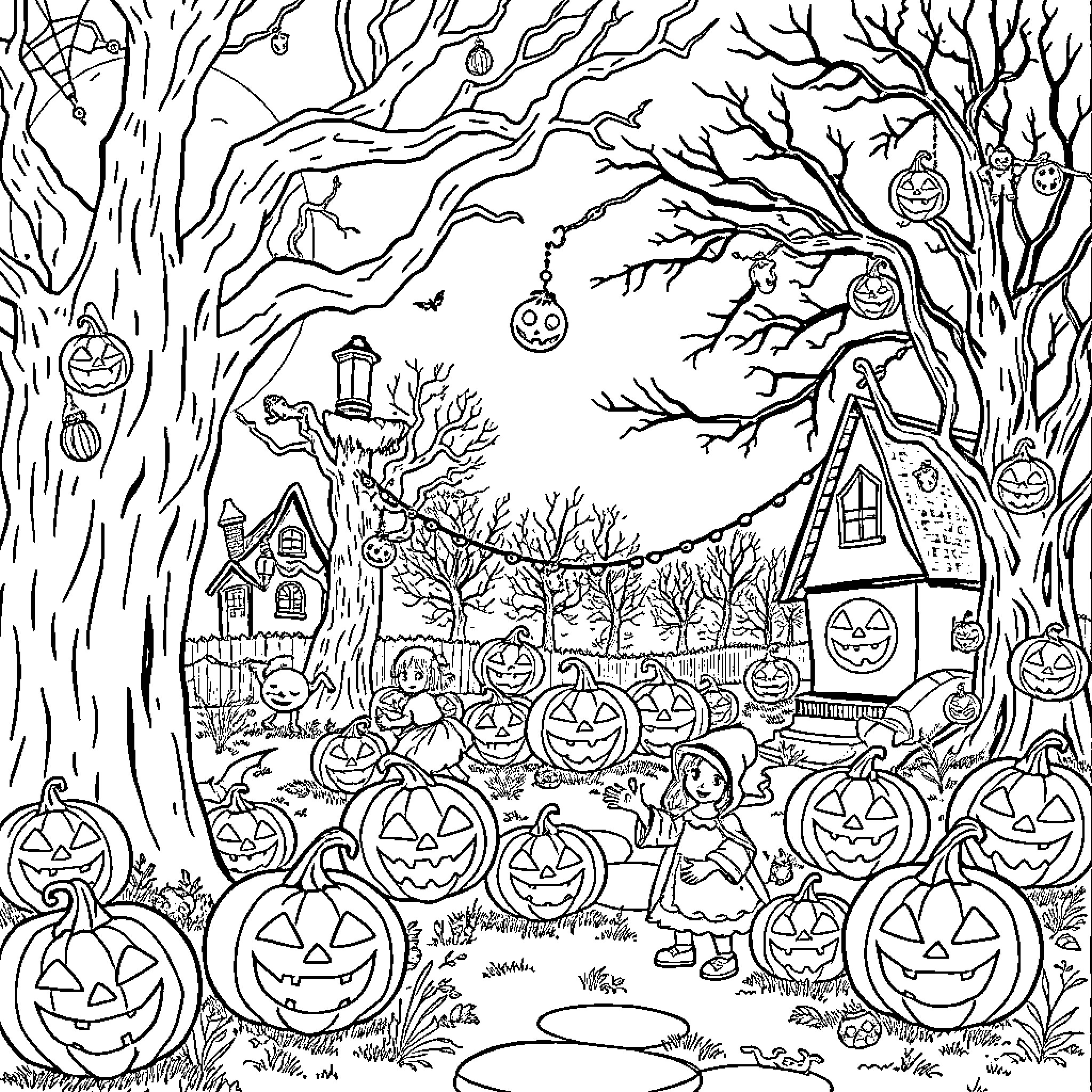 Halloween Celebration in a Spooky Forest Coloring Page (free black-and-white line drawing printable PDF for all, from beginners to advanced learners, including children, teens, adults, and seniors)