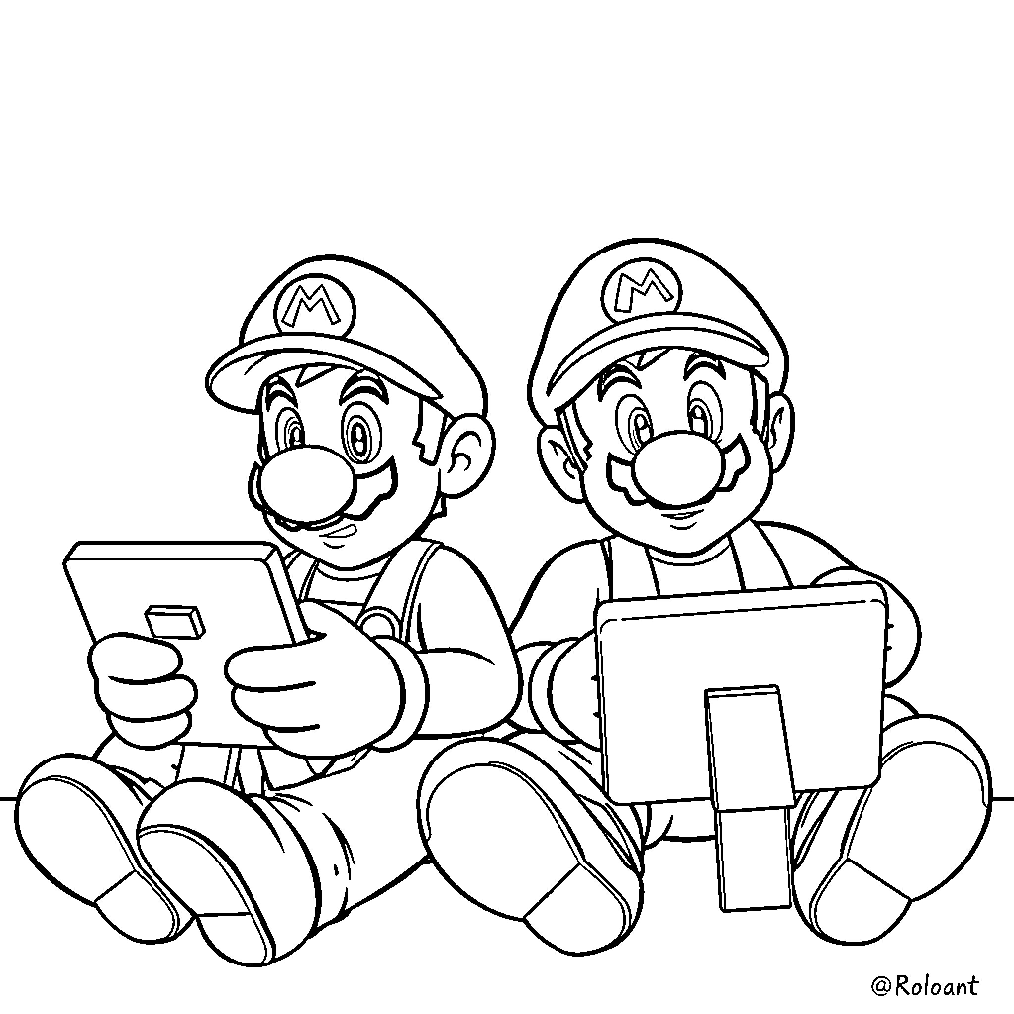 Mario and Luigi Playing Video Games Together Coloring Page (free black-and-white line drawing printable PDF for all, from beginners to advanced learners, including children, teens, adults, and seniors)