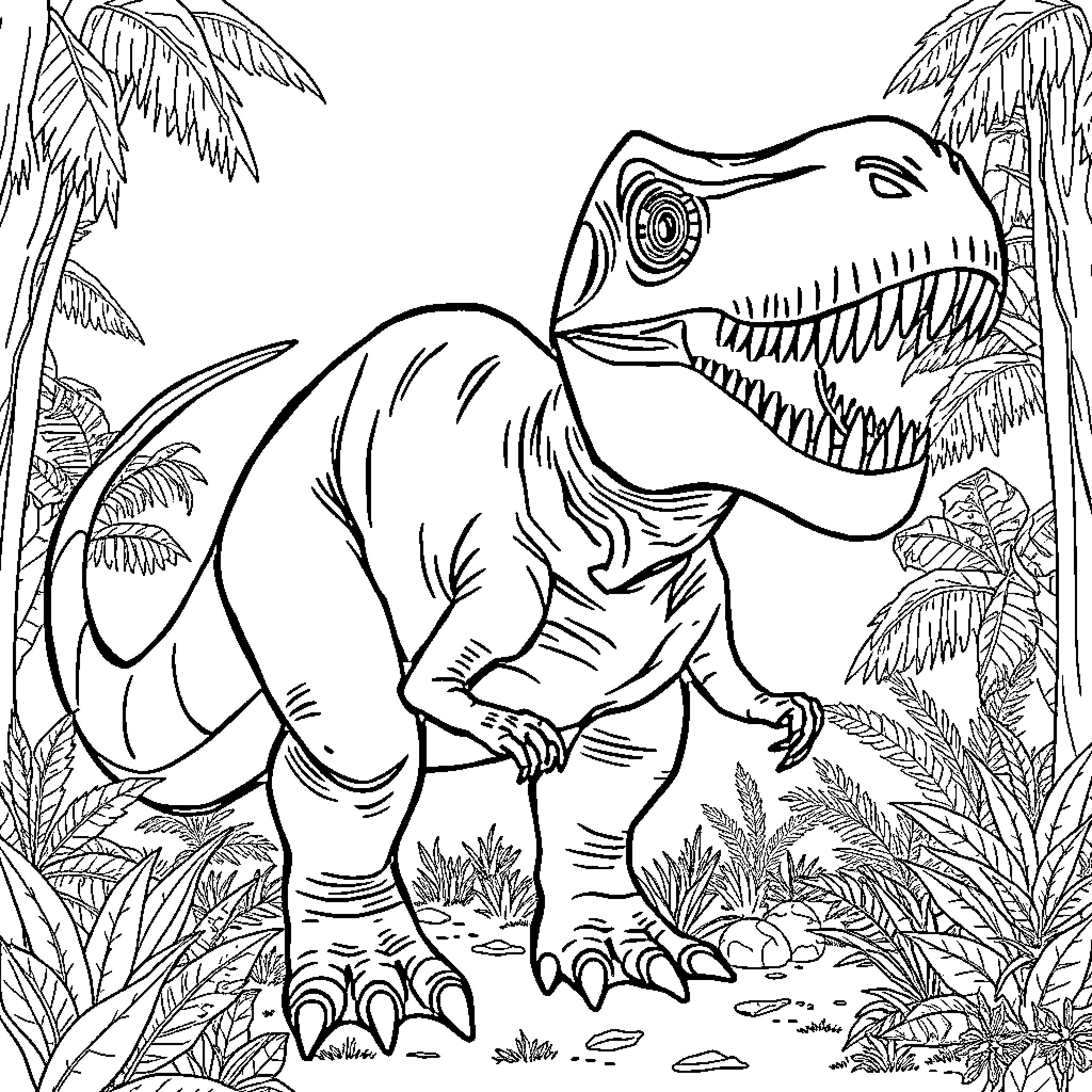 Dinosaur Roaming Through Lush Jungle Landscape Coloring Page (free black-and-white line drawing printable PDF for all, from beginners to advanced learners, including children, teens, adults, and seniors)