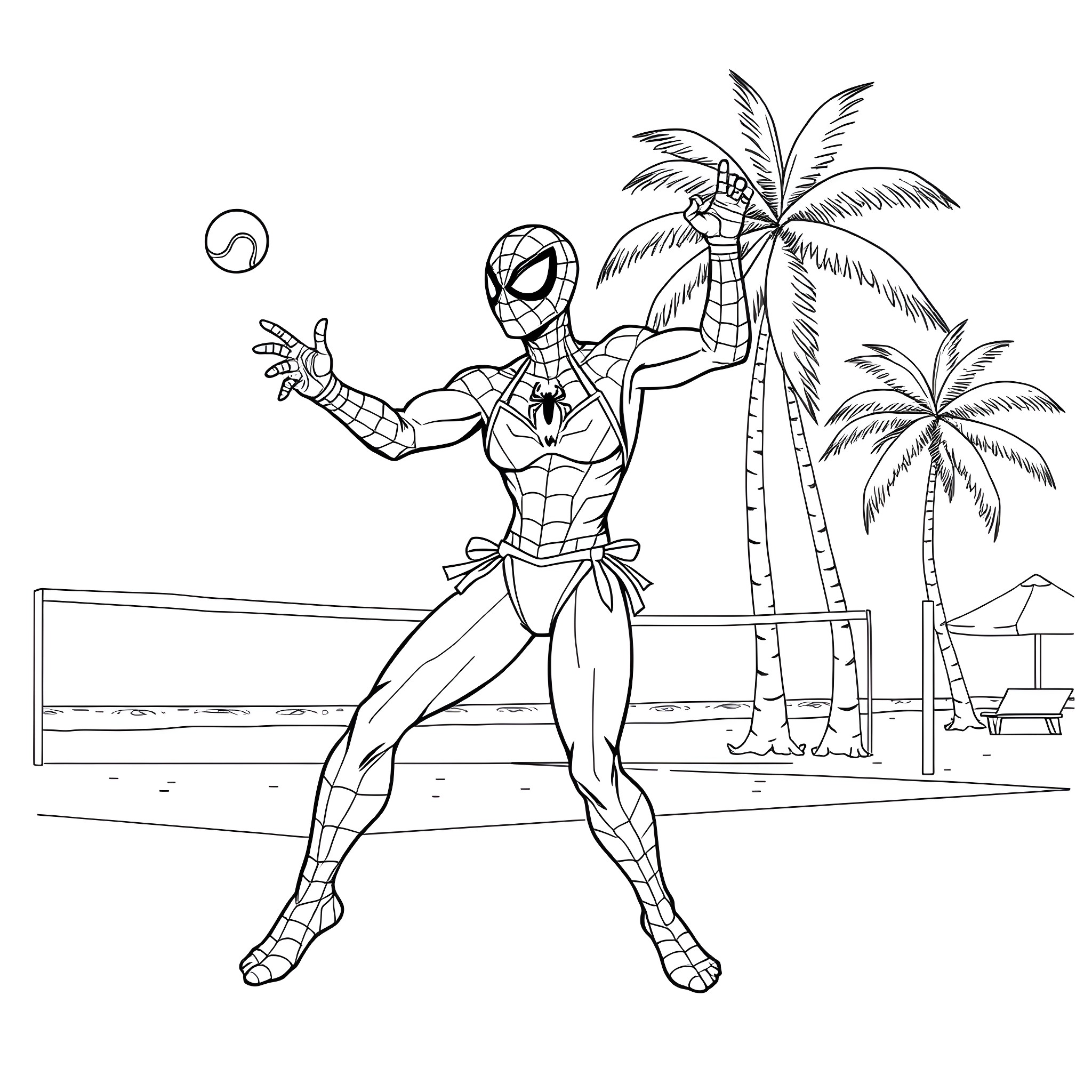 Spiderman enjoying the beach on a tropical island Coloring Page (free black-and-white line drawing printable PDF for all, from beginners to advanced learners, including children, teens, adults, and seniors)
