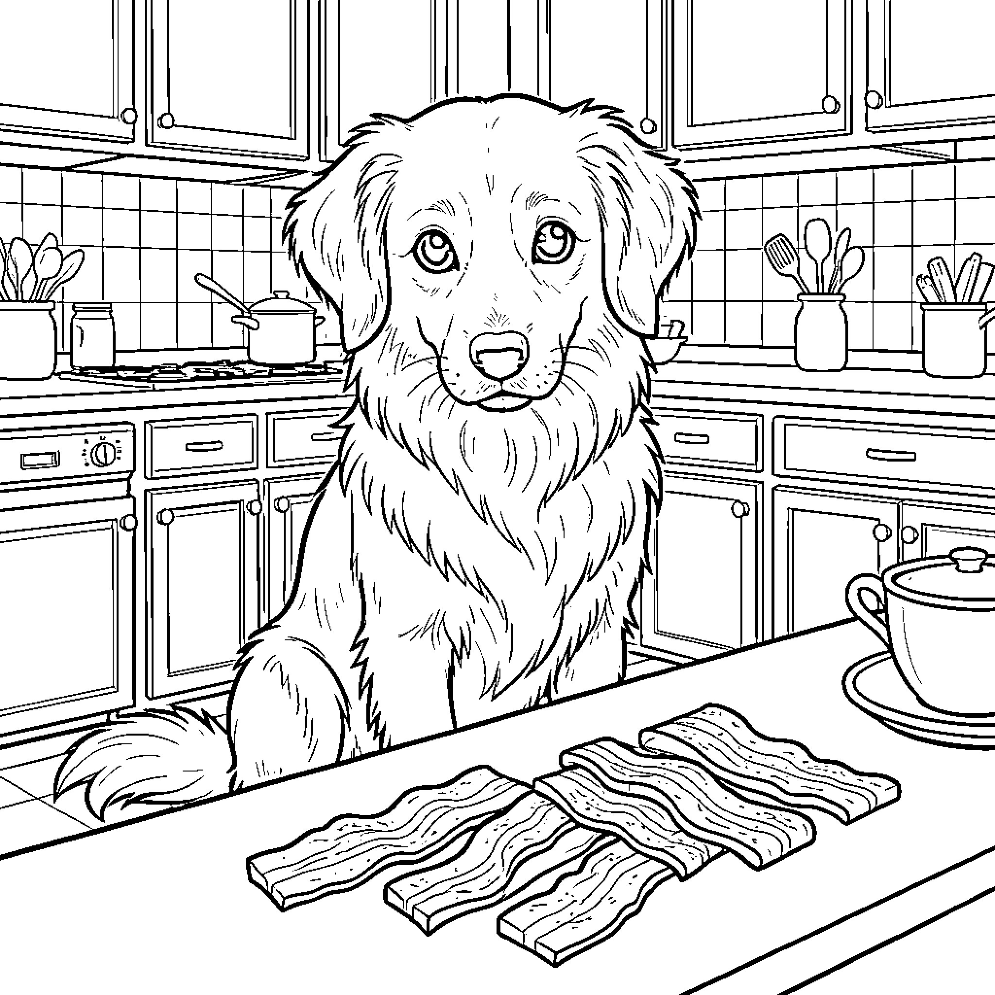 Dog eagerly waiting for breakfast in the kitchen Coloring Page (free black-and-white line drawing printable PDF for all, from beginners to advanced learners, including children, teens, adults, and seniors)