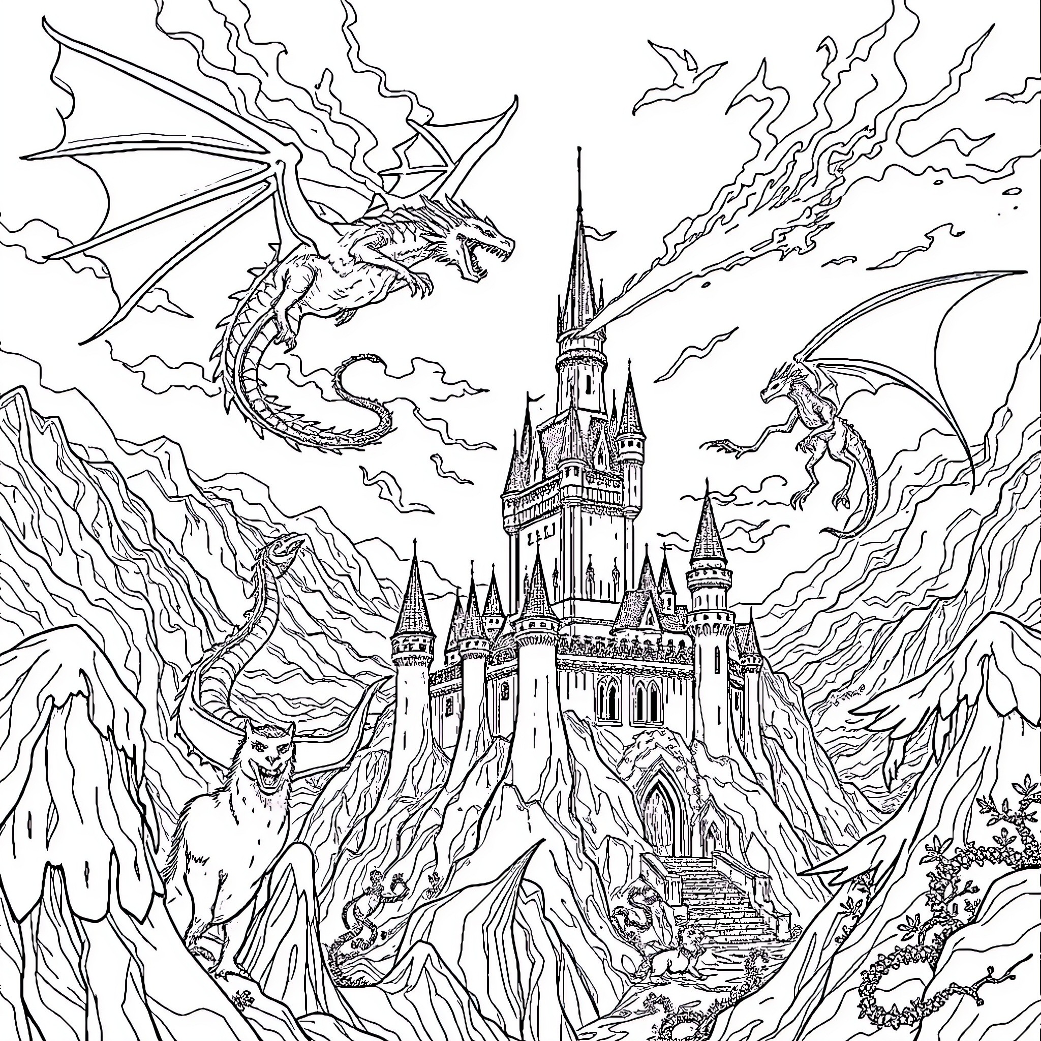 Dragon-guarded Fantasy Castle in Clouded Skies Coloring Page (free black-and-white line drawing printable PDF for all, from beginners to advanced learners, including children, teens, adults, and seniors)