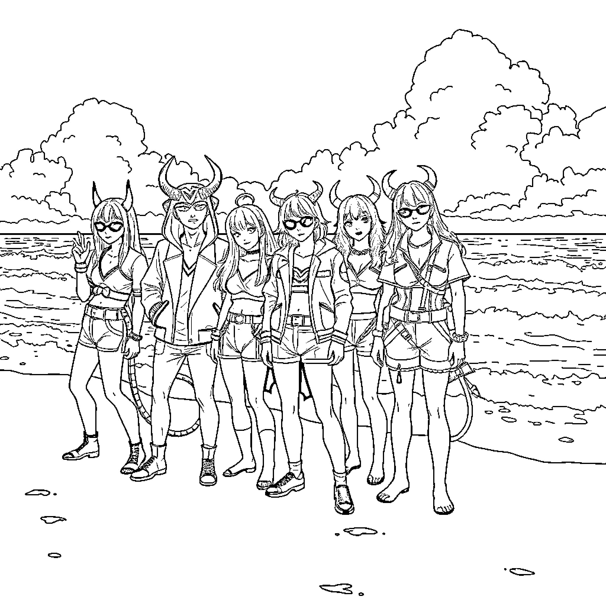 Demon Hunter Warriors Bravely Facing the Unknown Coloring Page (free black-and-white line drawing printable PDF for all, from beginners to advanced learners, including children, teens, adults, and seniors)