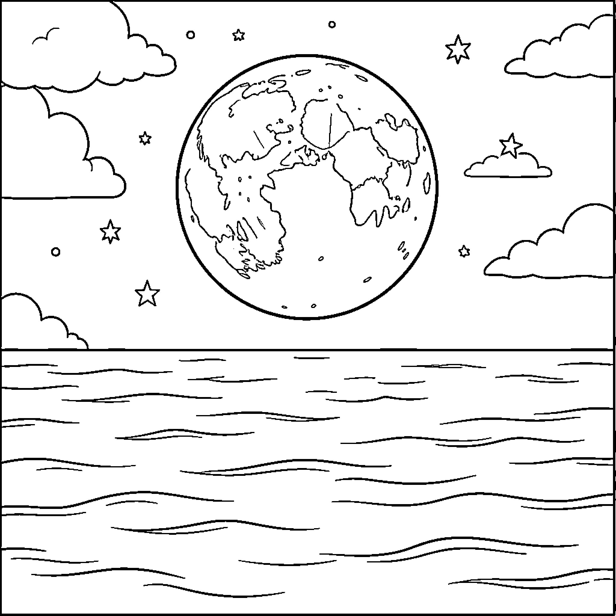 Moon over the tranquil ocean Coloring Page (free black-and-white line drawing printable PDF for all, from beginners to advanced learners, including children, teens, adults, and seniors)