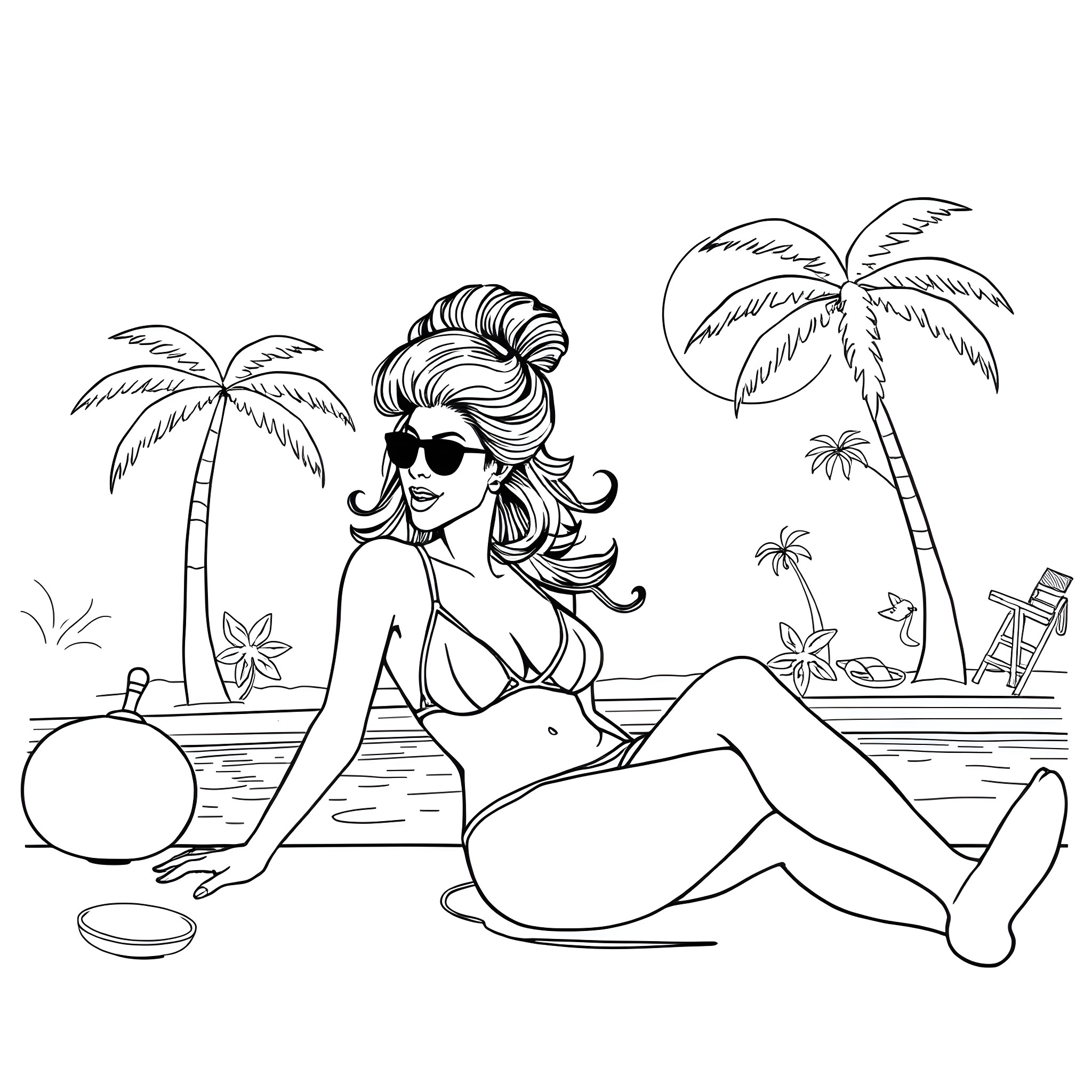 Amy Winehouse relaxing on the beach Coloring Page (free black-and-white line drawing printable PDF for all, from beginners to advanced learners, including children, teens, adults, and seniors)