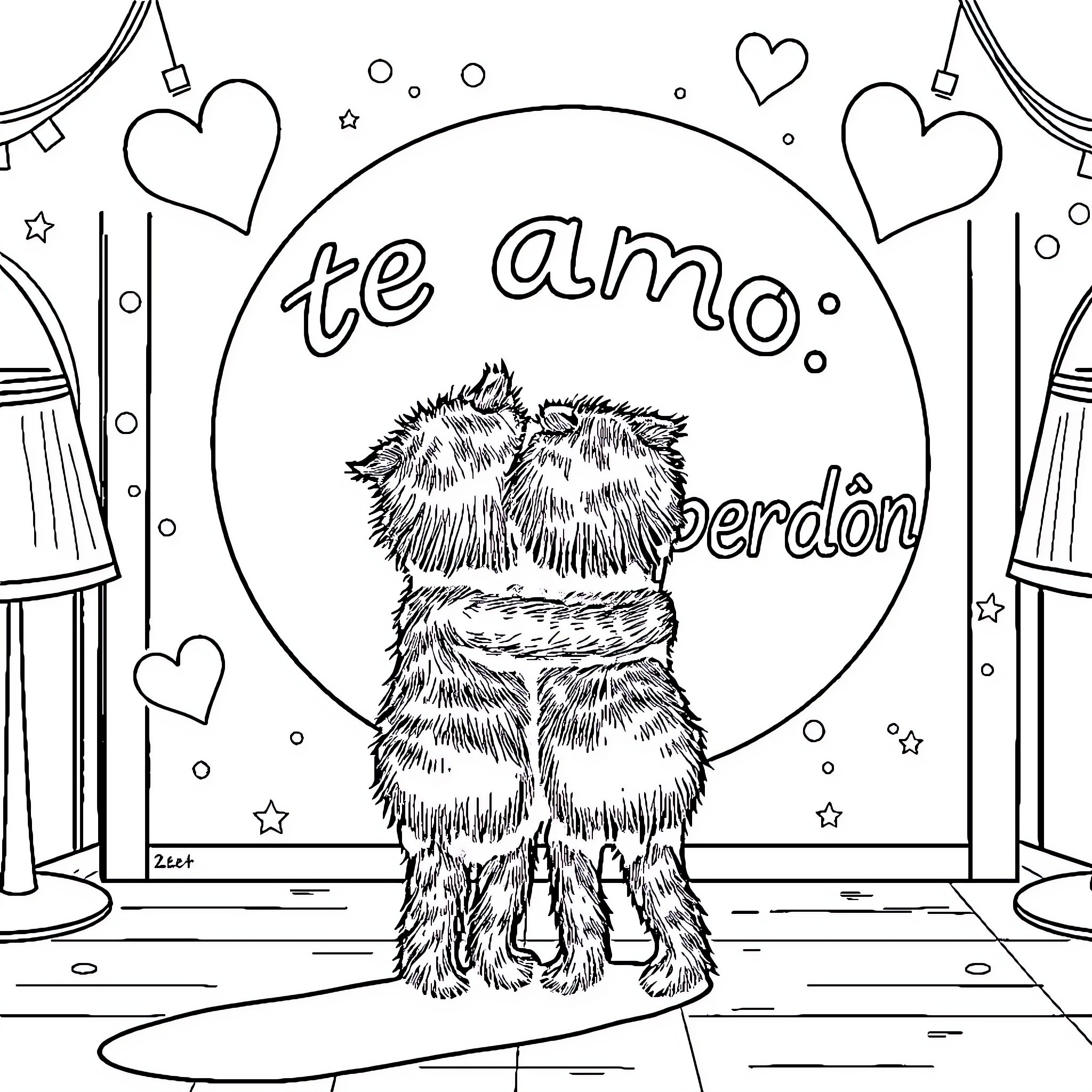 Oso Bears Sharing Affection in a Heartful Setting Coloring Page (free black-and-white line drawing printable PDF for all, from beginners to advanced learners, including children, teens, adults, and seniors)
