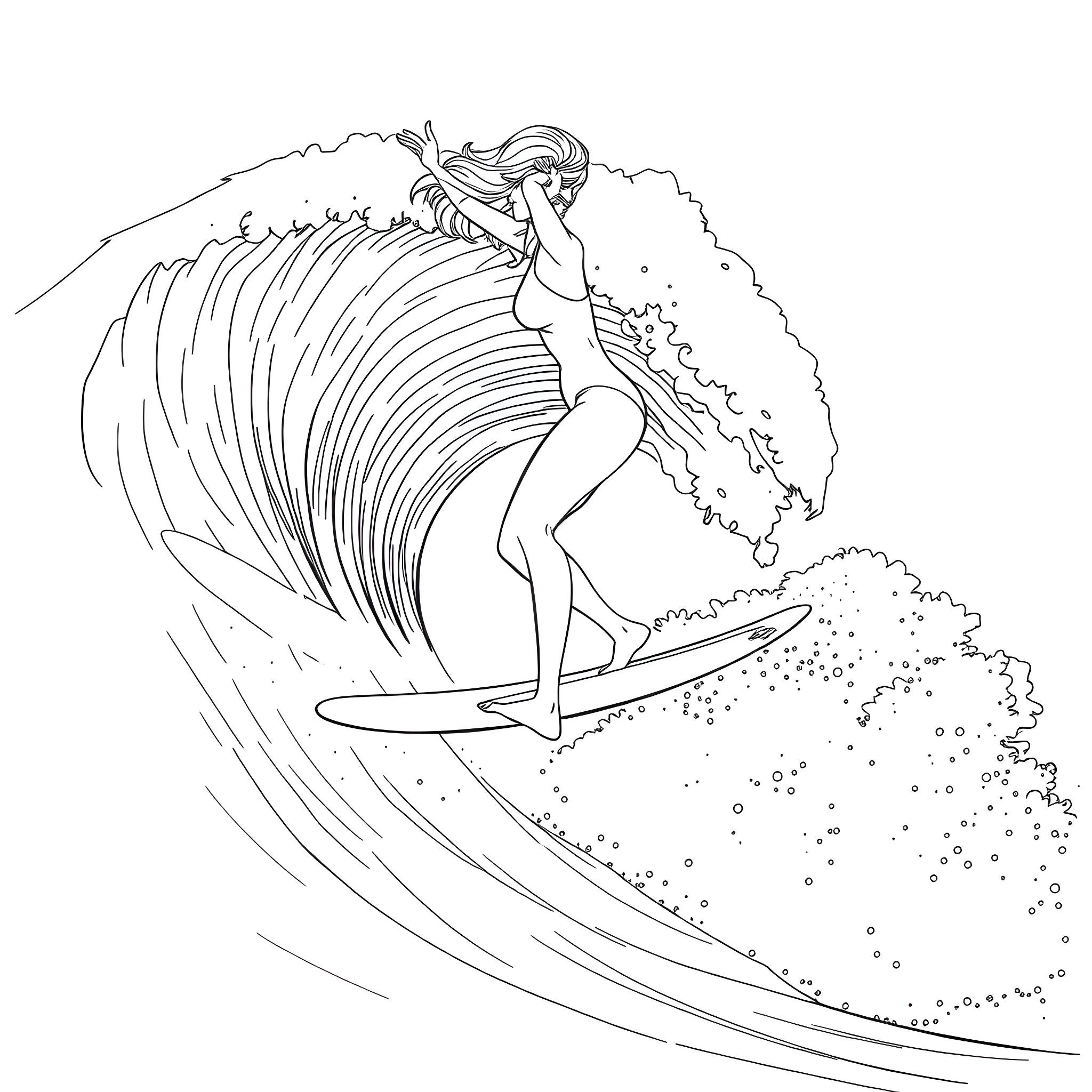 Woman surfing on a powerful wave Coloring Page (free black-and-white line drawing printable PDF for all, from beginners to advanced learners, including children, teens, adults, and seniors)