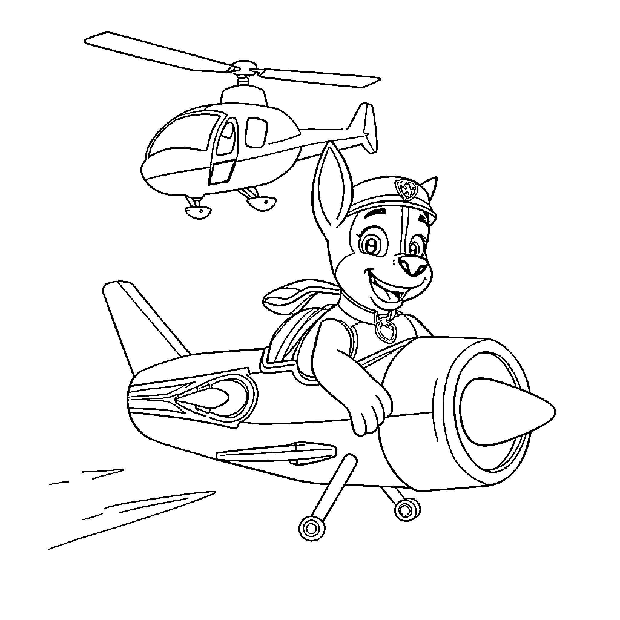 Chase through the sky with the puppy pilot Coloring Page (free black-and-white line drawing printable PDF for all, from beginners to advanced learners, including children, teens, adults, and seniors)