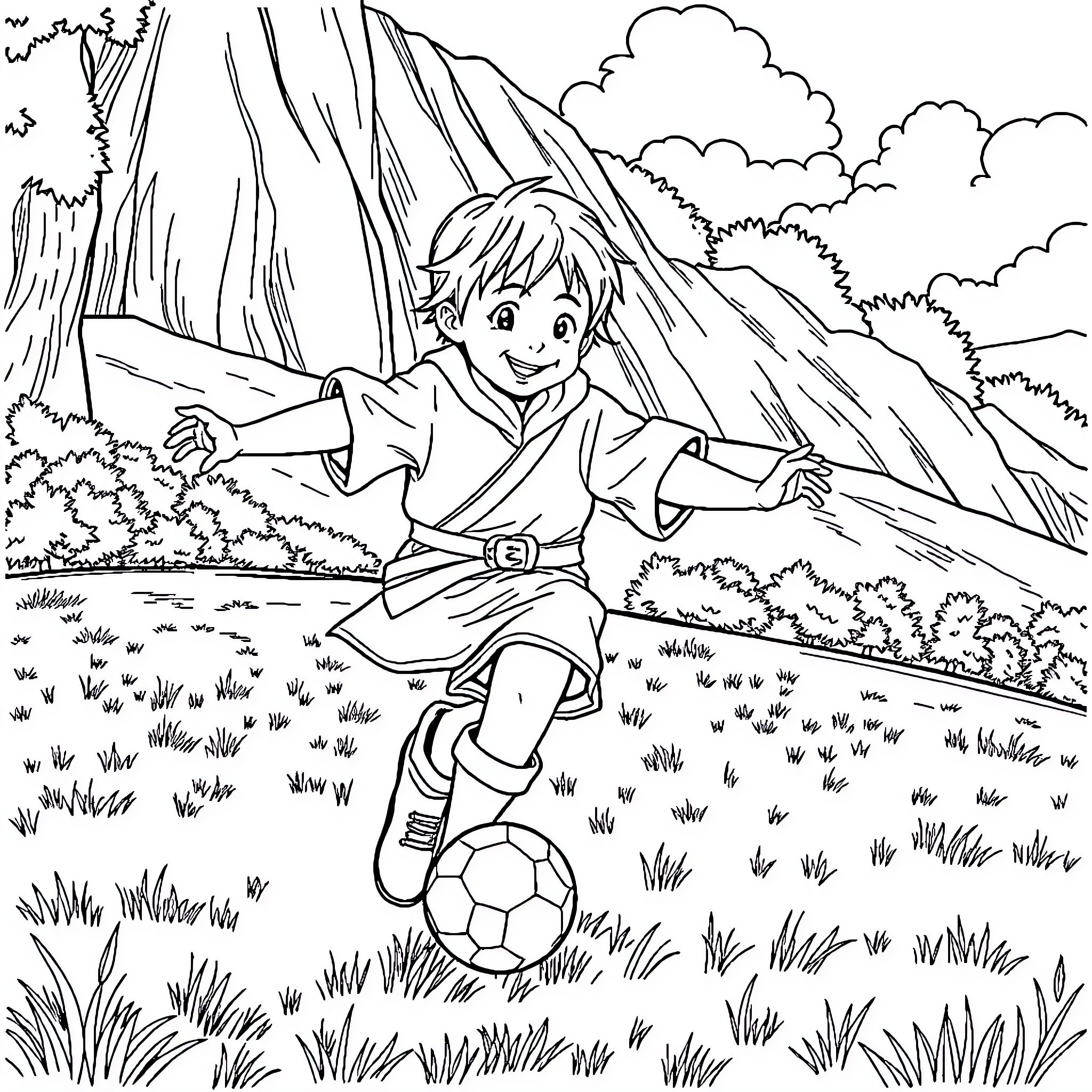 Frodo exploring the enchanted forest with a soccer ball Coloring Page (free black-and-white line drawing printable PDF for all, from beginners to advanced learners, including children, teens, adults, and seniors)
