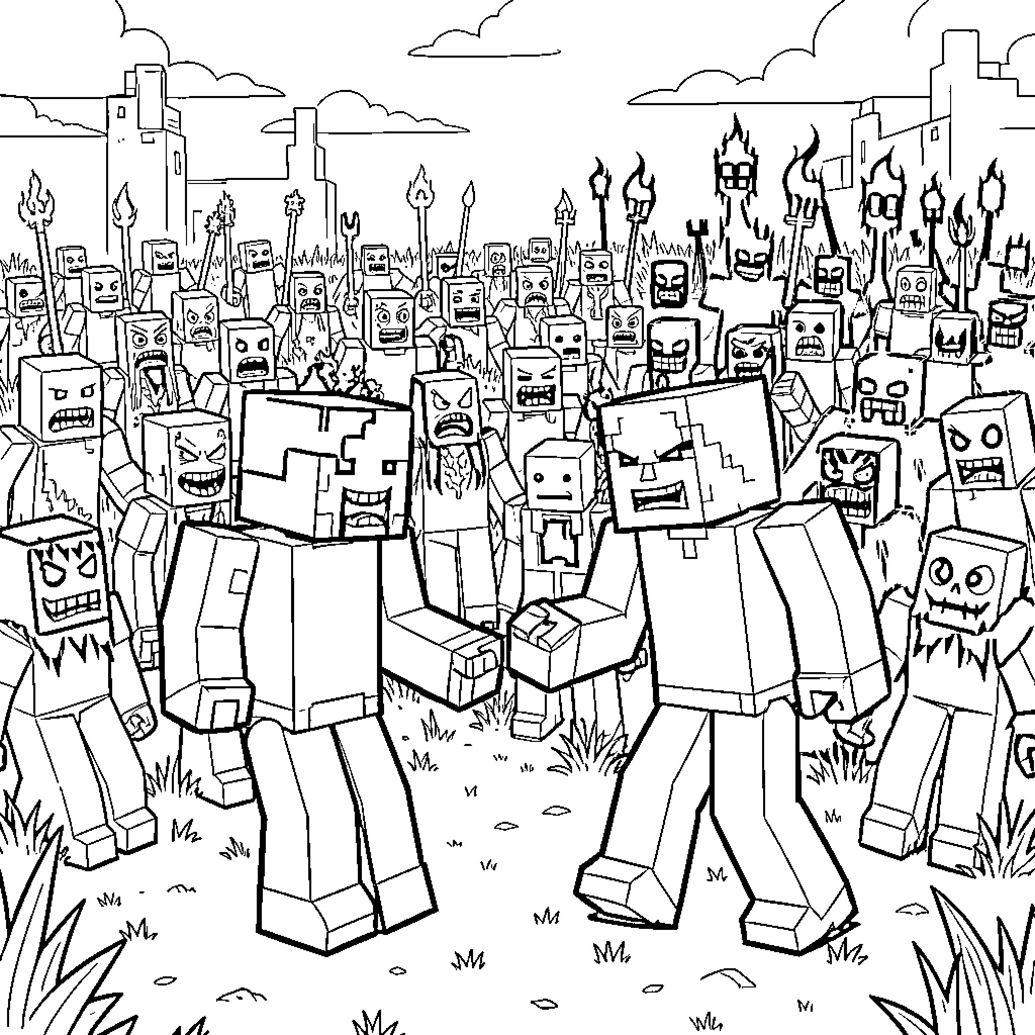 Herobrine's Army of Robots Invades the City Coloring Page (free black-and-white line drawing printable PDF for all, from beginners to advanced learners, including children, teens, adults, and seniors)