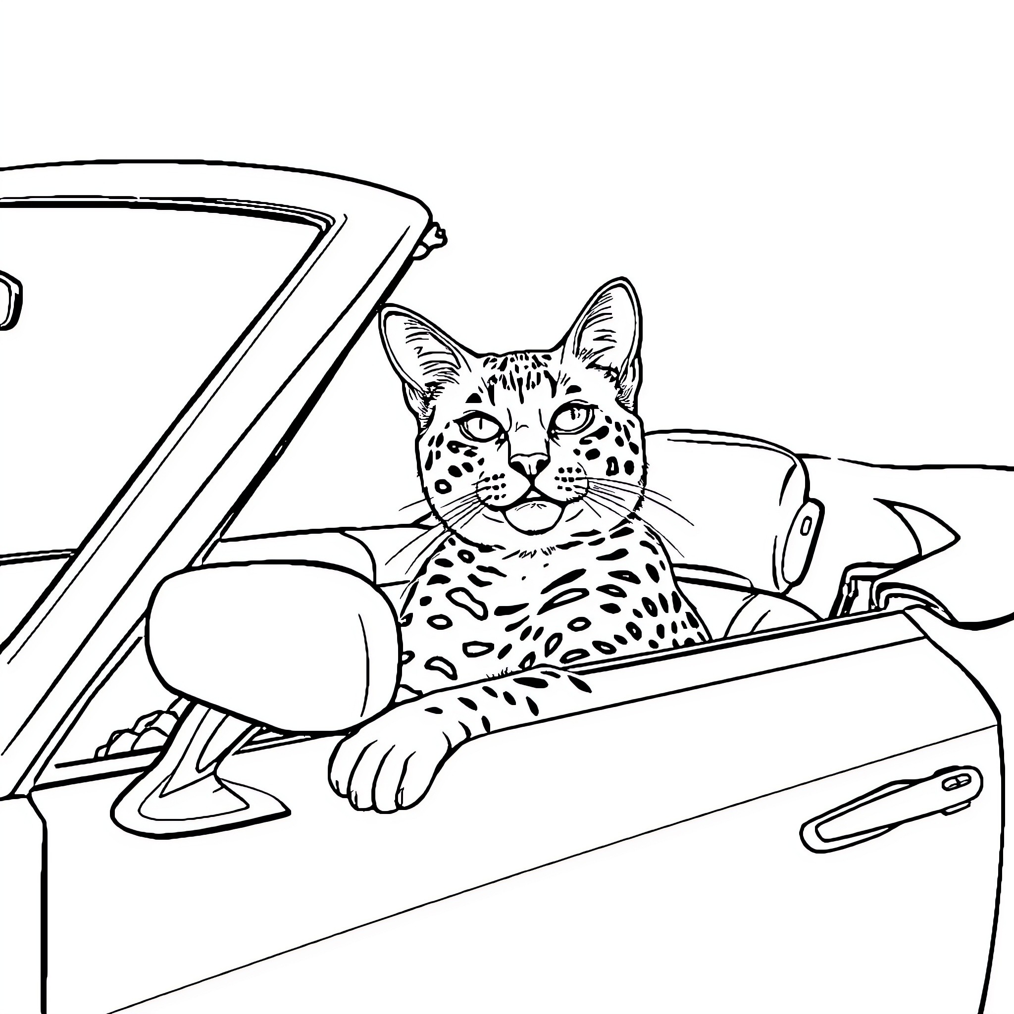 Savannah Cat Enjoying a Ride in the Car Coloring Page (free black-and-white line drawing printable PDF for all, from beginners to advanced learners, including children, teens, adults, and seniors)