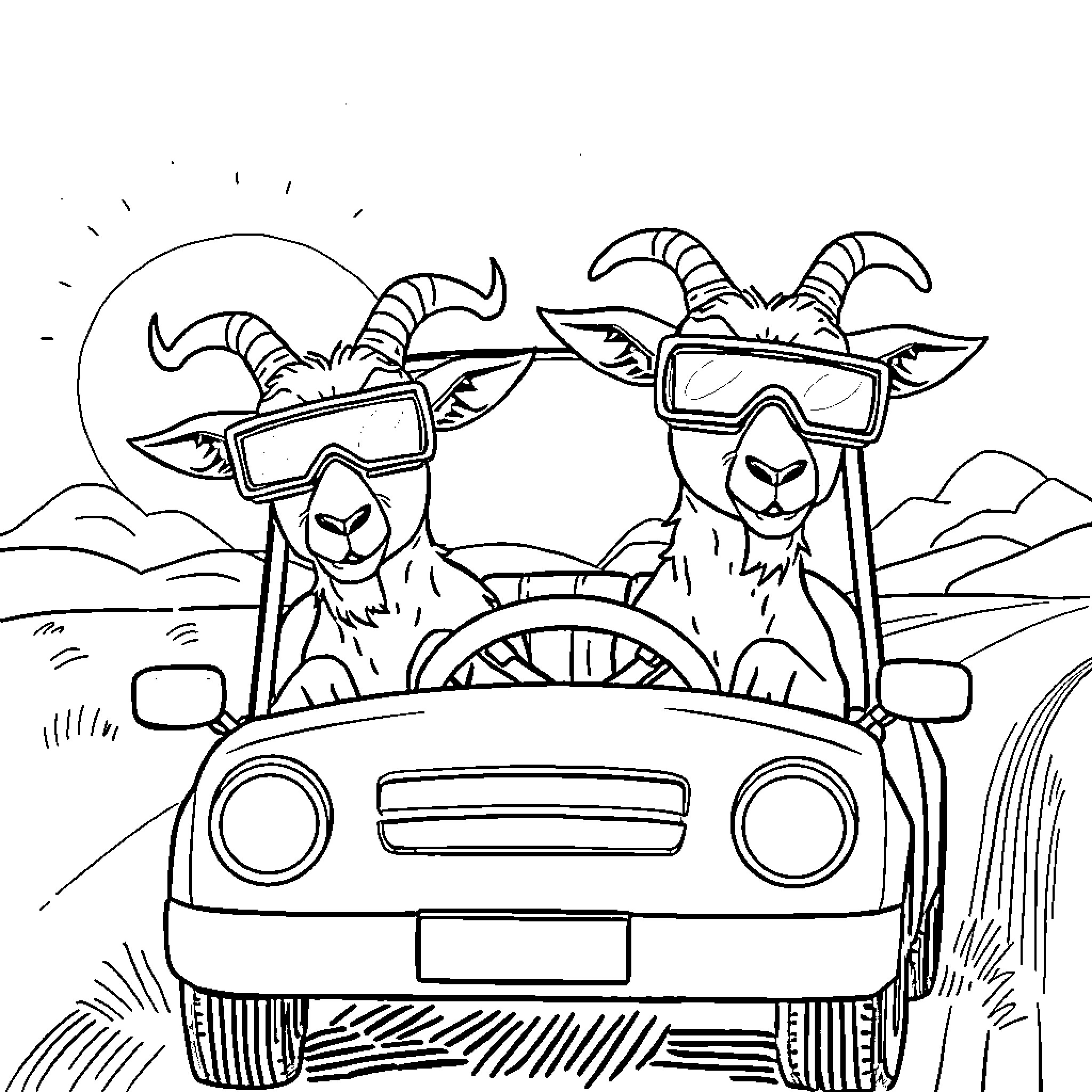 Goats driving a car on the road Coloring Page (free black-and-white line drawing printable PDF for all, from beginners to advanced learners, including children, teens, adults, and seniors)